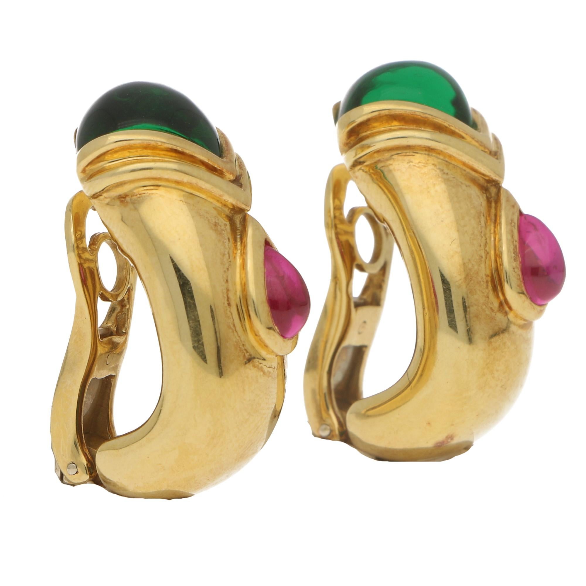 Etruscan Revival Adler Etruscan Style Tourmaline Half Hoop Clip Earrings in Yellow Gold For Sale