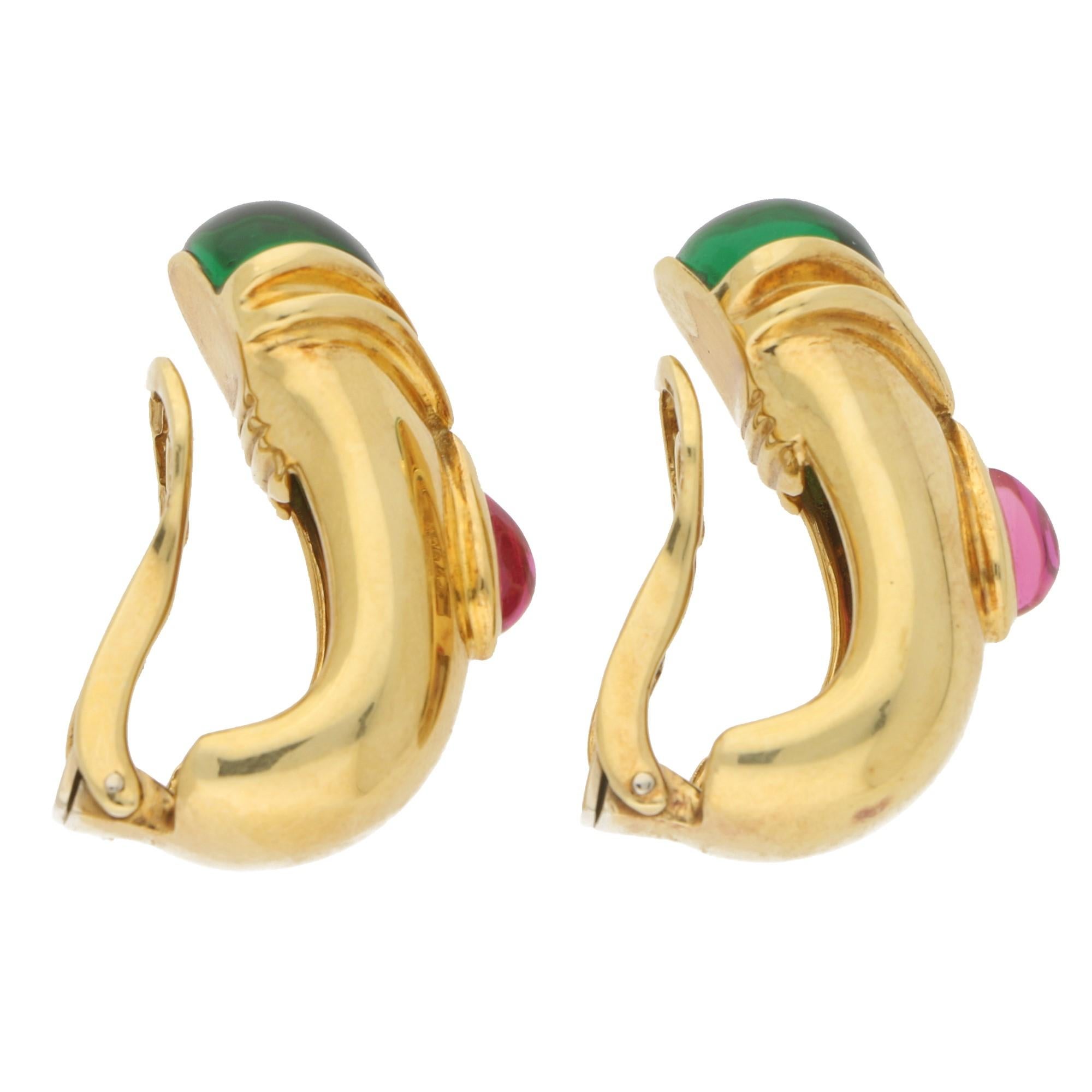 Cabochon Adler Etruscan Style Tourmaline Half Hoop Clip Earrings in Yellow Gold For Sale