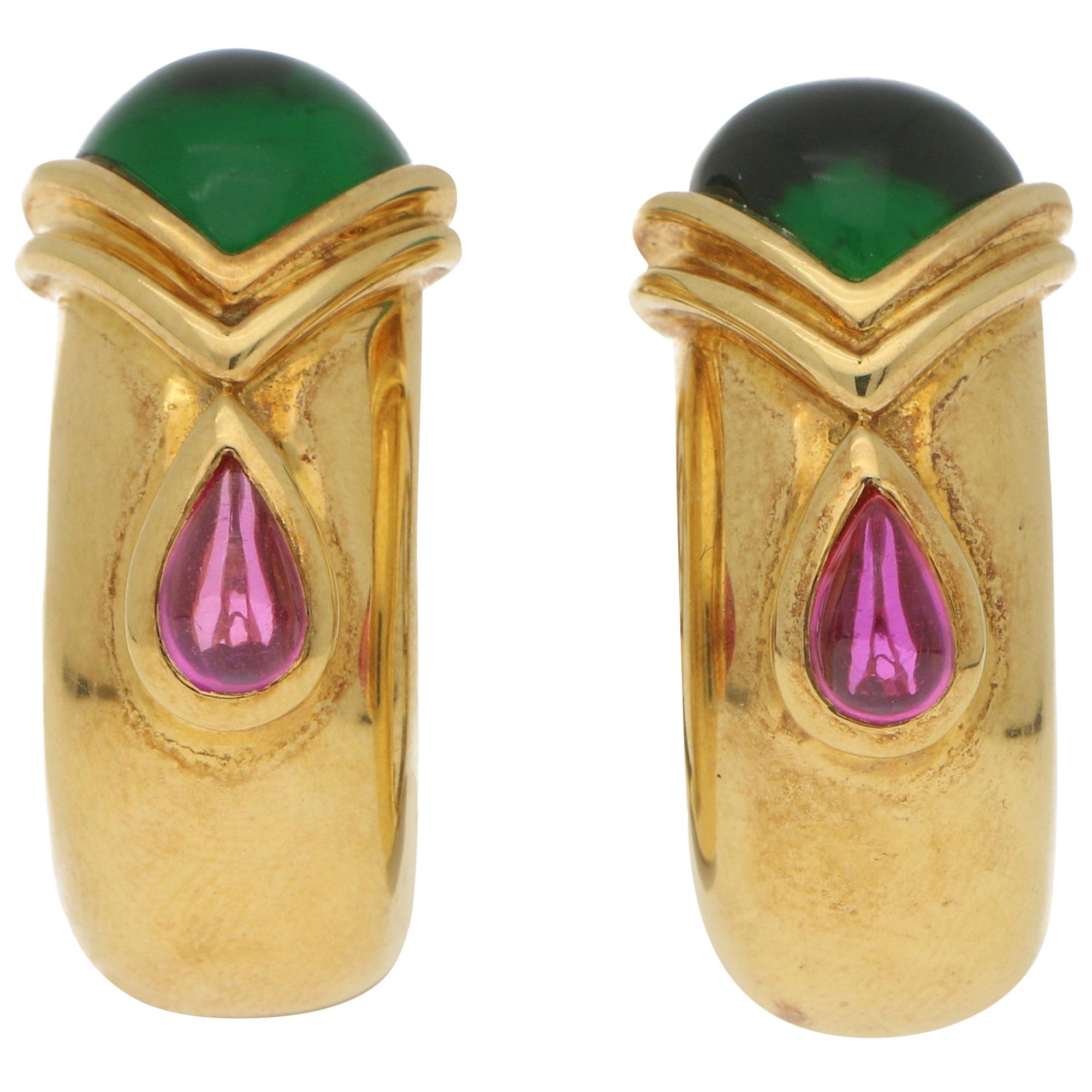 Adler Etruscan Style Tourmaline Half Hoop Clip Earrings in Yellow Gold For Sale