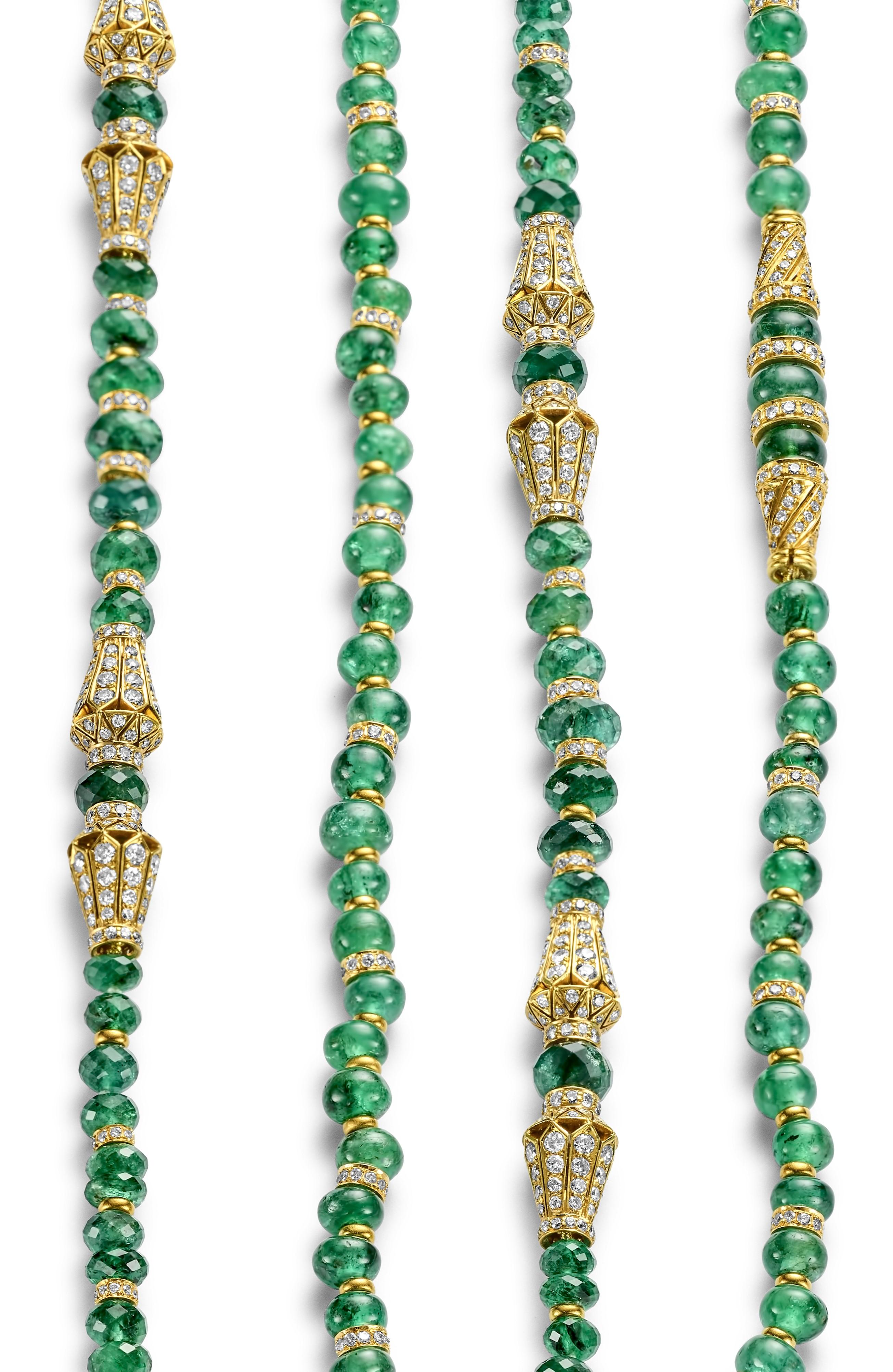 Adler Genèva 2 Necklaces 18kt Yellow Gold  with together 480 ct. Faceted Bead Emeralds CGL Certified fro Estate Sultan of Oman Qaboos Bin Said

Emeralds: Together 480 ct. intense green (Faceted) Bead Emeralds 
Both necklaces come with a certificate