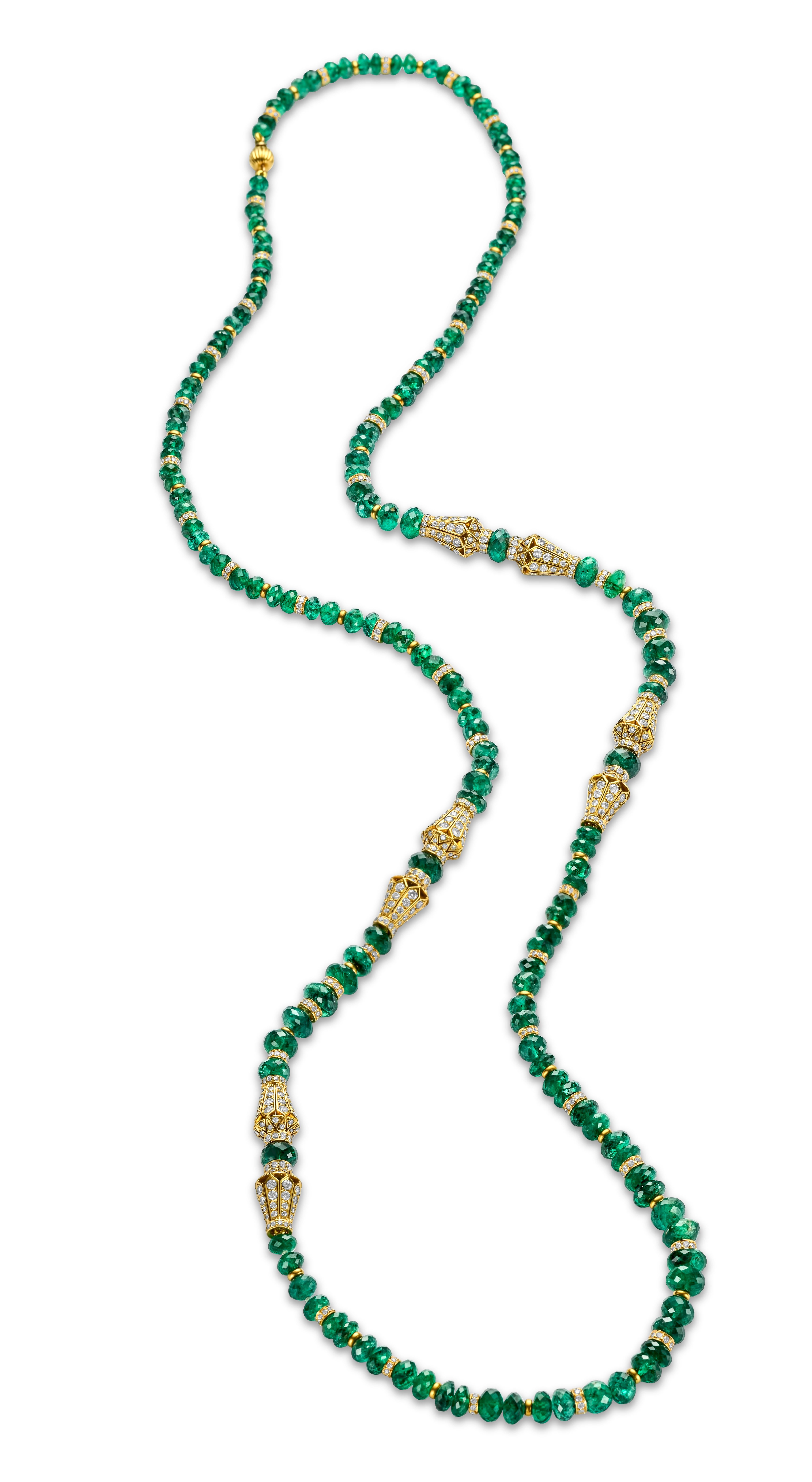 Artisan Adler Genèva 18kt Gold Necklaces 480ct Faceted Bead Emeralds CGL Certified For Sale