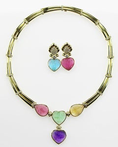 Adler Geneva Heart Cameo Aquamarine Tourmaline Retro Diamond Necklace & Earrings