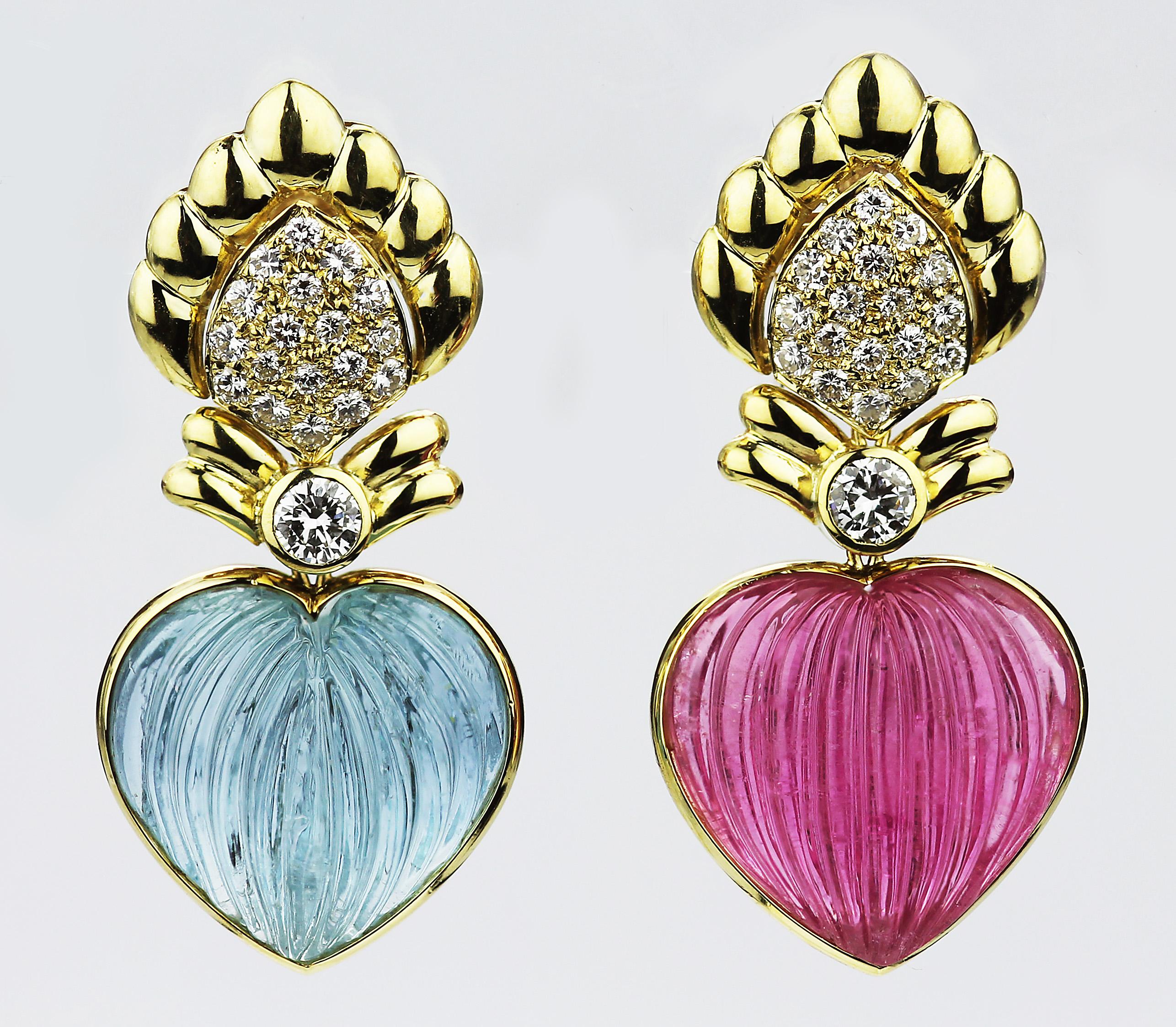 Adler Geneva Heart Cameo Aquamarine Tourmaline Retro Diamond Necklace & Earrings 2