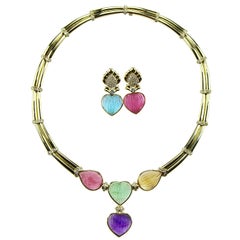 Adler Geneva Heart Cameo Aquamarine Tourmaline Retro Diamond Necklace & Earrings