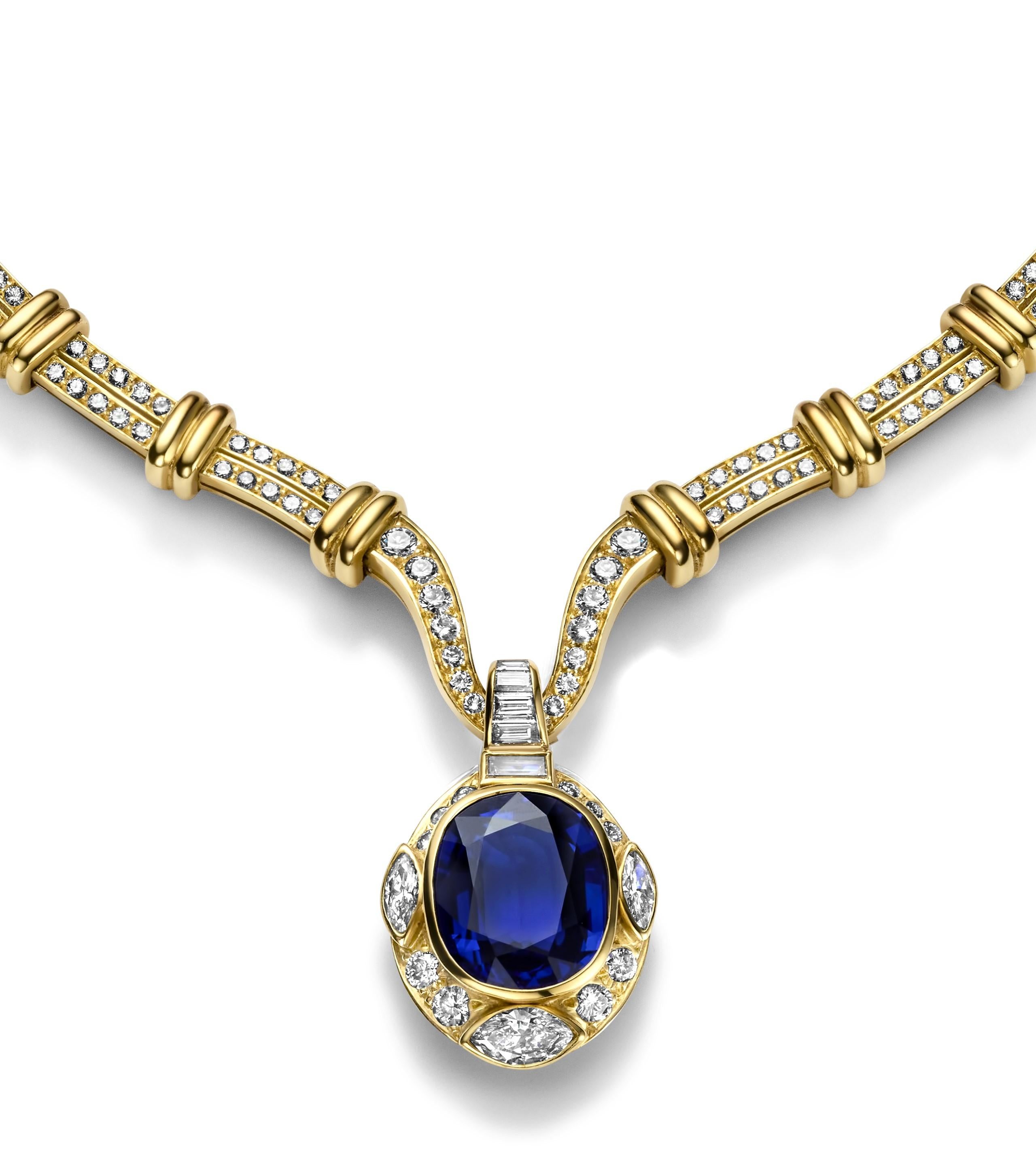 Adler Genèva Sapphire & Diamonds Necklace, Estate Sultan Oman Qaboos Bin Said, GRS Certified

Sapphire: Natural vivid blue, oval shape, brilliant cut Sri Lanka sapphire of 14.1 ct.
Comes with GRS certificate (Report number GRS2022-117458)

Diamonds: