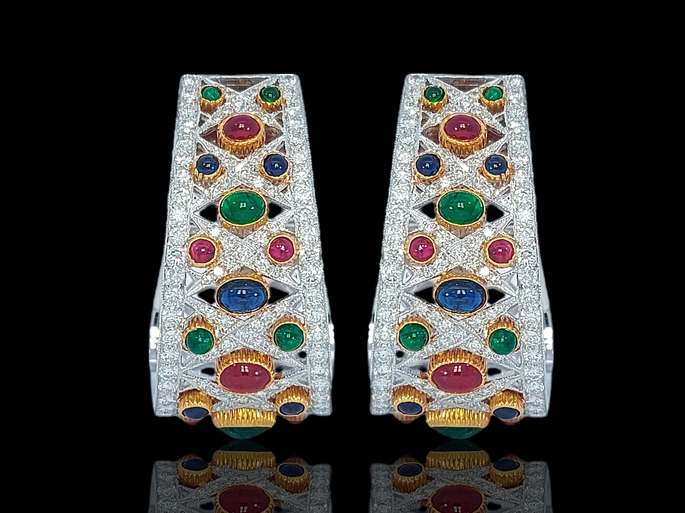 Adler Genève Earrings Set with Precious Stones & Diamonds from Estate His Majesty Sultan Qaboos Bin Said Oman

Qaboos bin Said Al Said was Sultan of Oman from 23 July 1970 until his death in 2020

Ruby: 12 cabochon red sapphires 

Emerald: 12