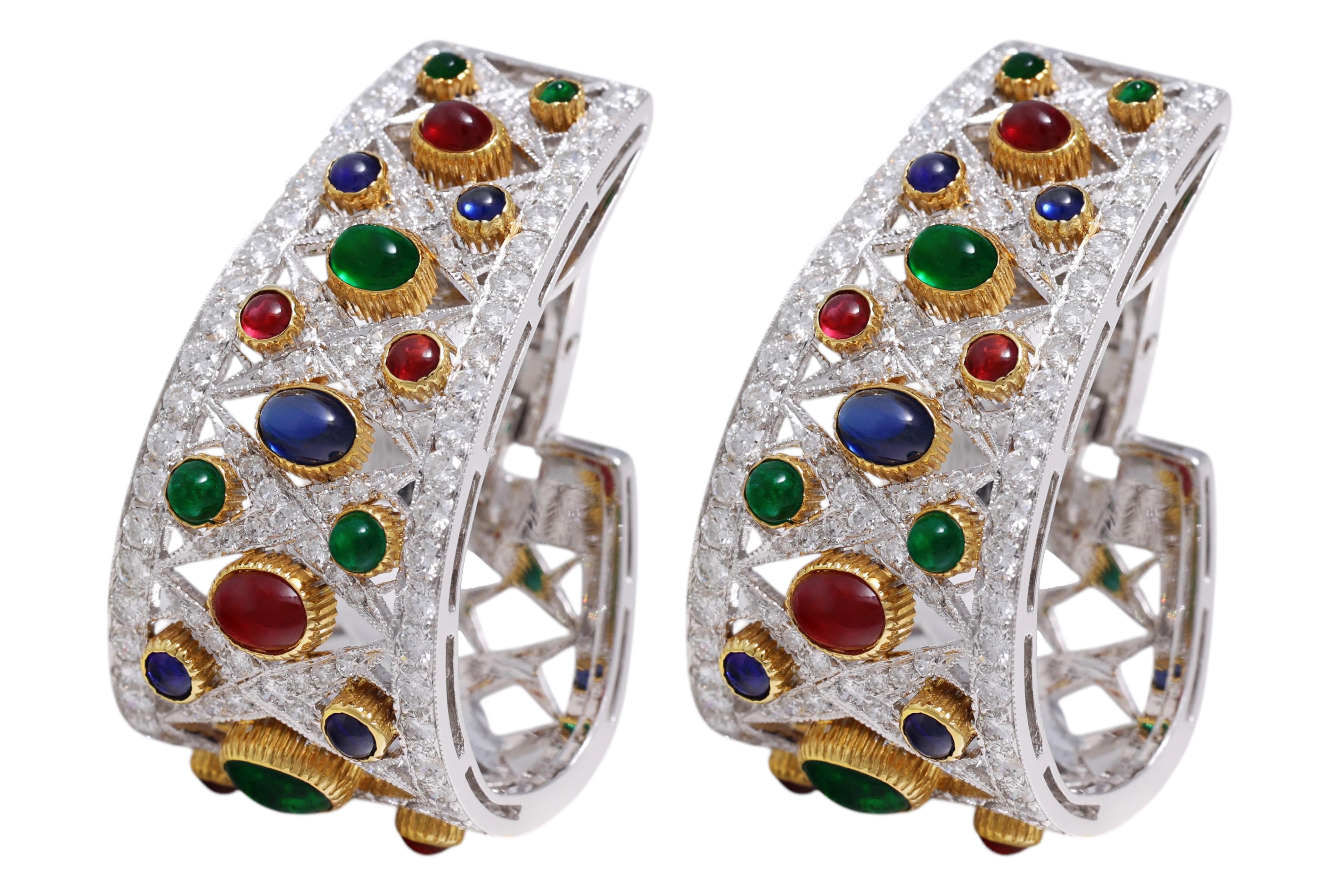 Adler Genève Earrings Set with Precious Stones & Diamonds from Estate His Majesty Sultan Qaboos Bin Said Oman

Qaboos bin Said Al Said was Sultan of Oman from 23 July 1970 until his death in 2020

Ruby: 12 cabochon red sapphires 

Emerald: 12