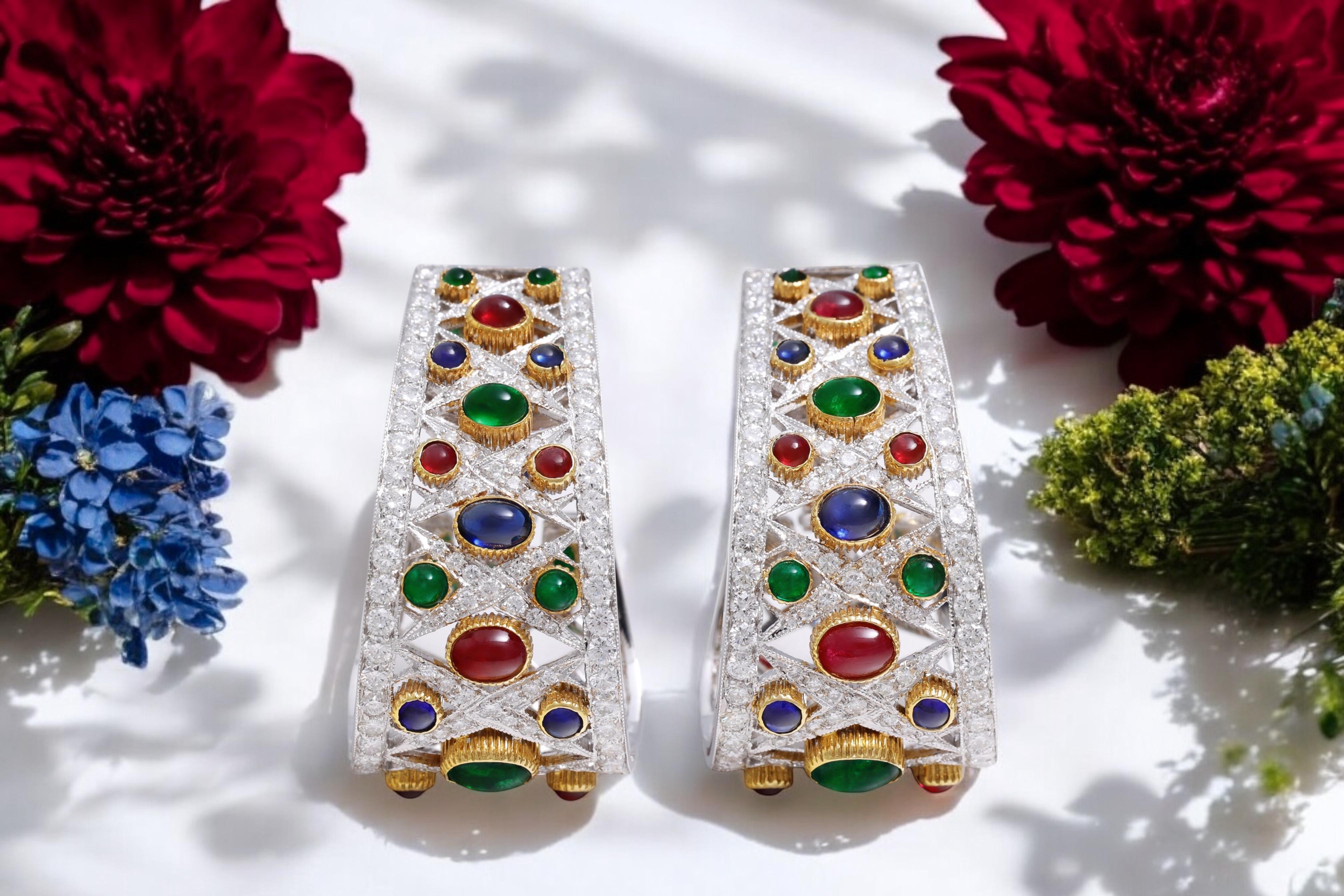 Women's or Men's Adler Genève Earrings Precious Stones & Diamonds H.M.Sultan Qaboos Bin Said Oman For Sale