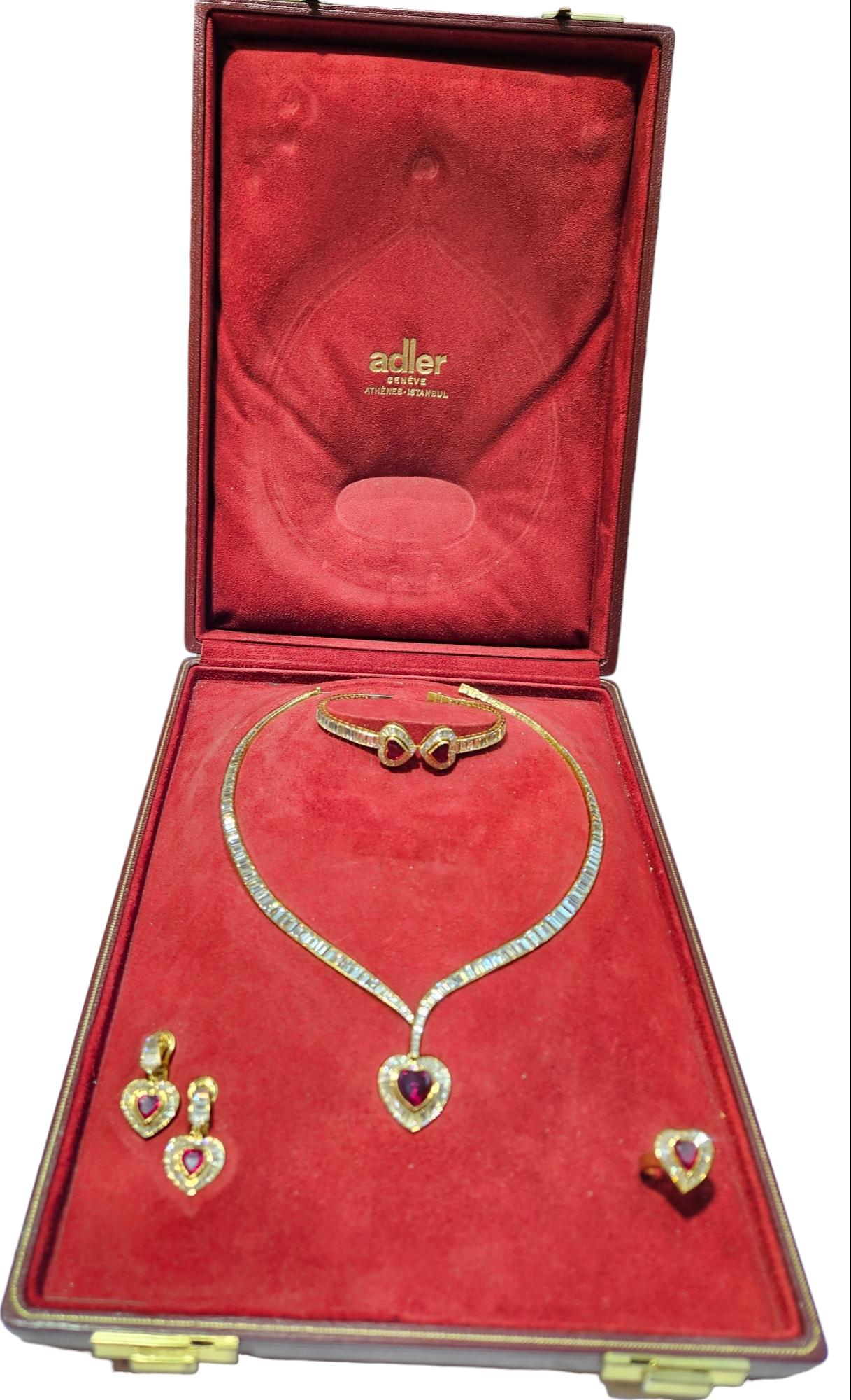 Artisan Adler Genève Set 18k Gold Necklace, Ring, Earrings, Bracelet, Ruby, Diamonds For Sale