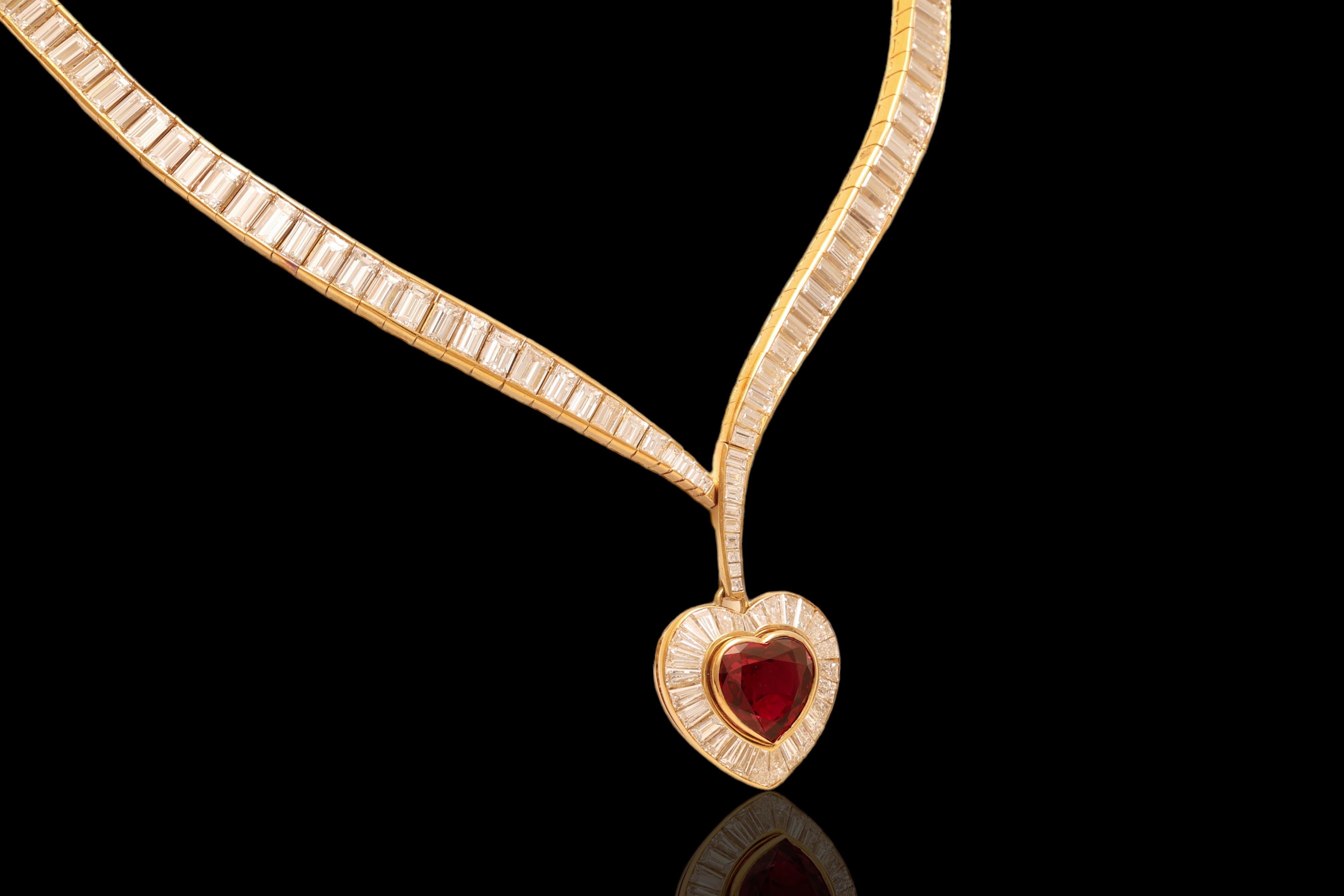 Heart Cut Adler Genève Set 18k Gold Necklace, Ring, Earrings, Bracelet, Ruby, Diamonds For Sale