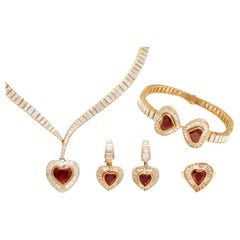 Adler Genève Set 18k Gold Necklace, Ring, Earrings, Bracelet, Ruby, Diamonds
