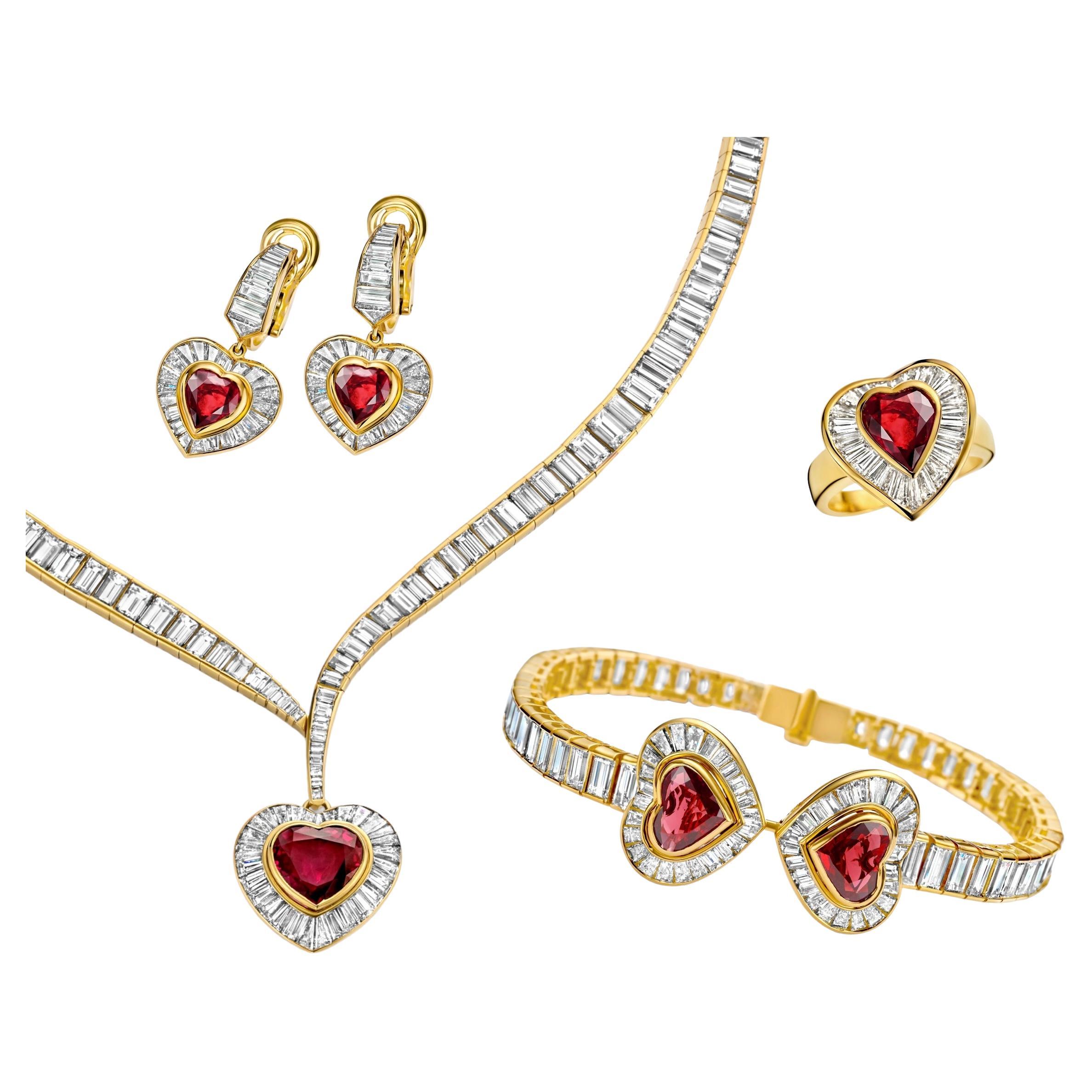 Adler Genève Set 18k Gold Necklace, Ring, Earrings, Bracelet, Ruby, Diamonds