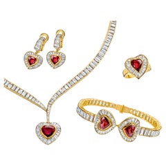 Vintage Adler Genève Set 18k Gold Necklace, Ring, Earrings, Bracelet, Ruby, Diamonds