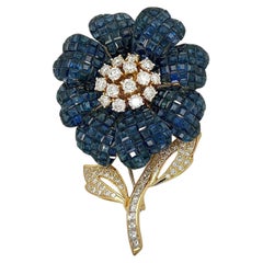 Adler Invisible Set 18K Gold Sapphire and Diamond Flower Brooch