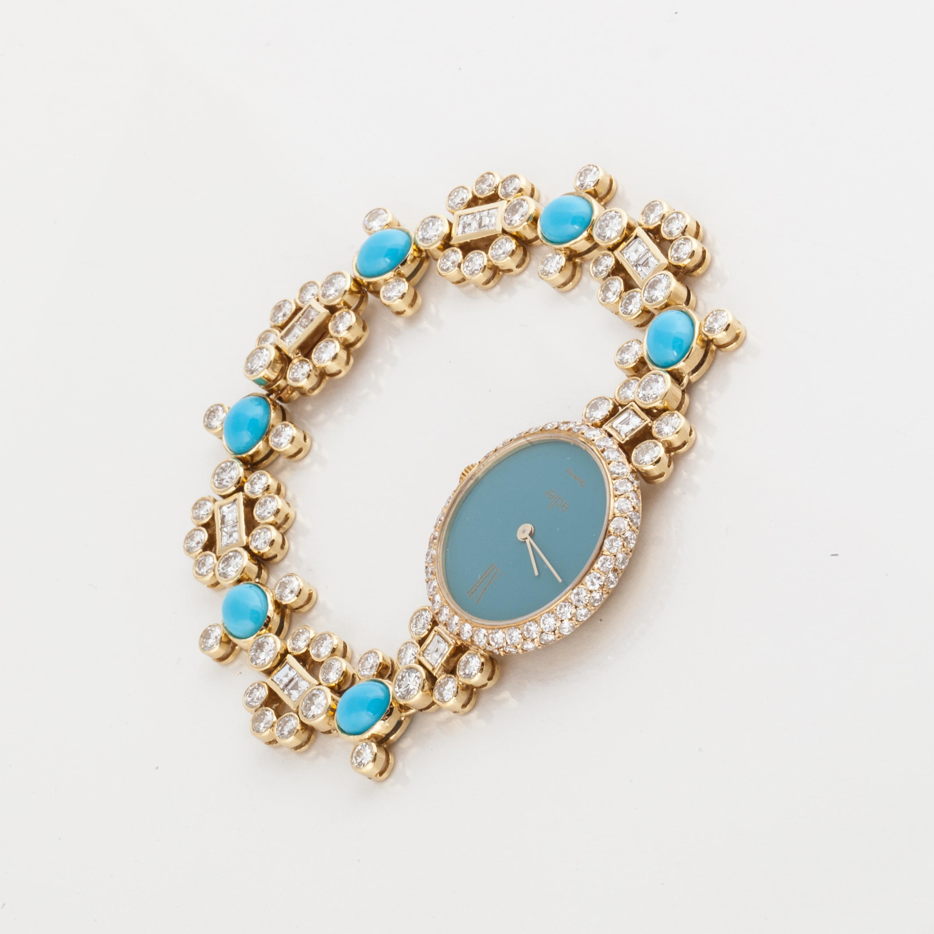 Adler 18K yellow gold bracelet watch.   It features oval cabochon-cut turquoise with round and emerald-cut diamonds that total 10.00 carats, G-H color and VS1-SI1 clarity. The watch has a diamond bezel, turquoise dial, and a quartz movement.