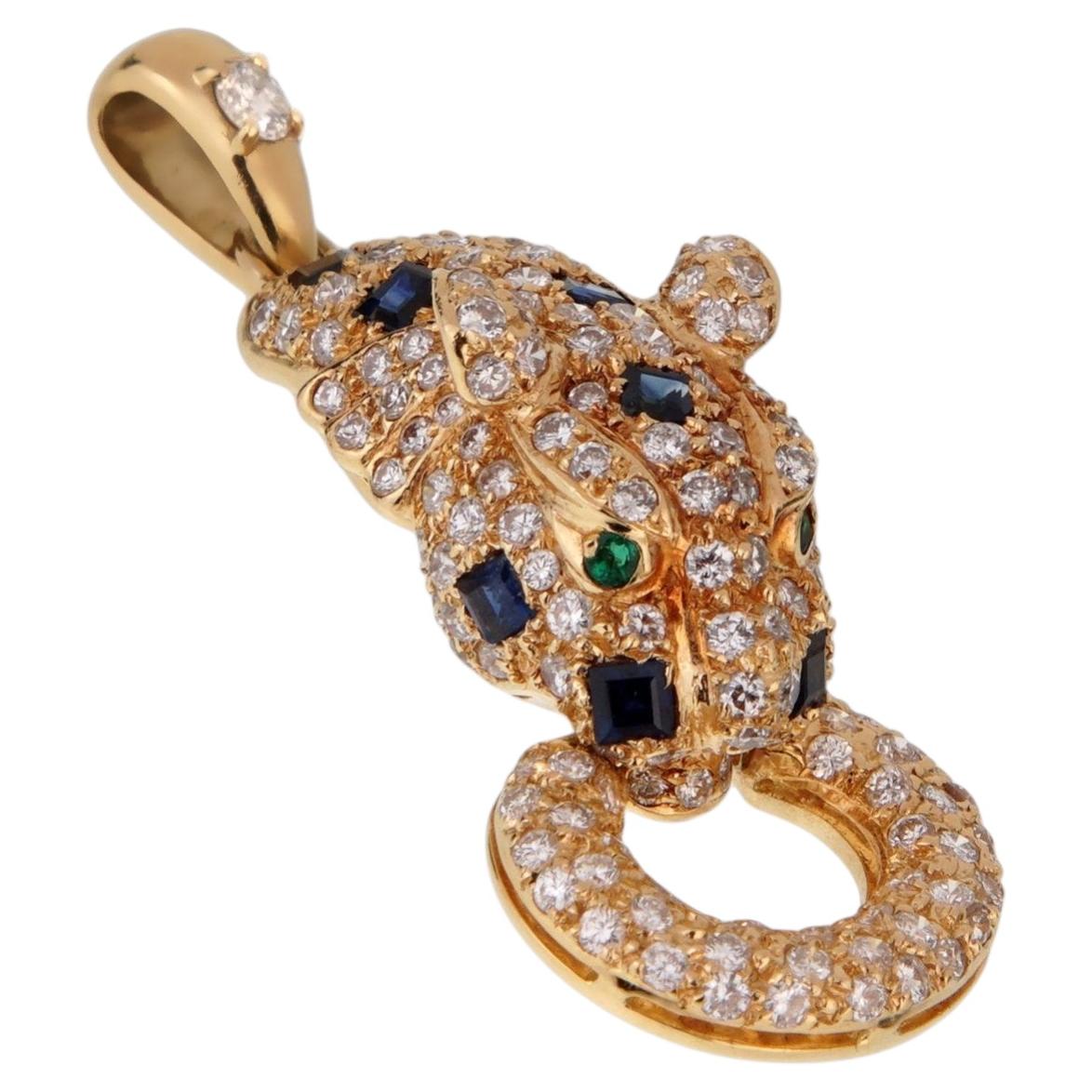 Pendentif en or jaune 18k Panthère diamant saphir en vente
