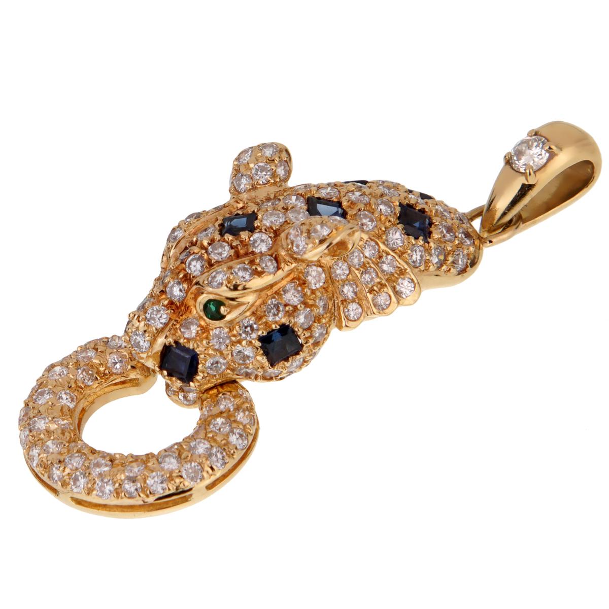 Round Cut Adler Panther Diamond Sapphire 18k Yellow Gold Pendant Necklace For Sale