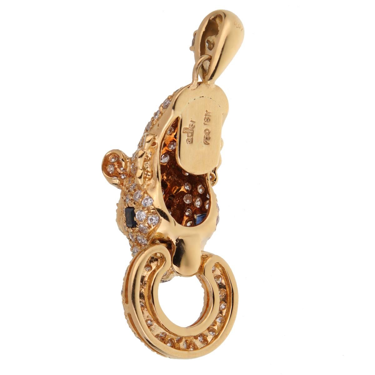 Adler Panther Diamond Sapphire 18k Yellow Gold Pendant Necklace In Excellent Condition For Sale In Feasterville, PA