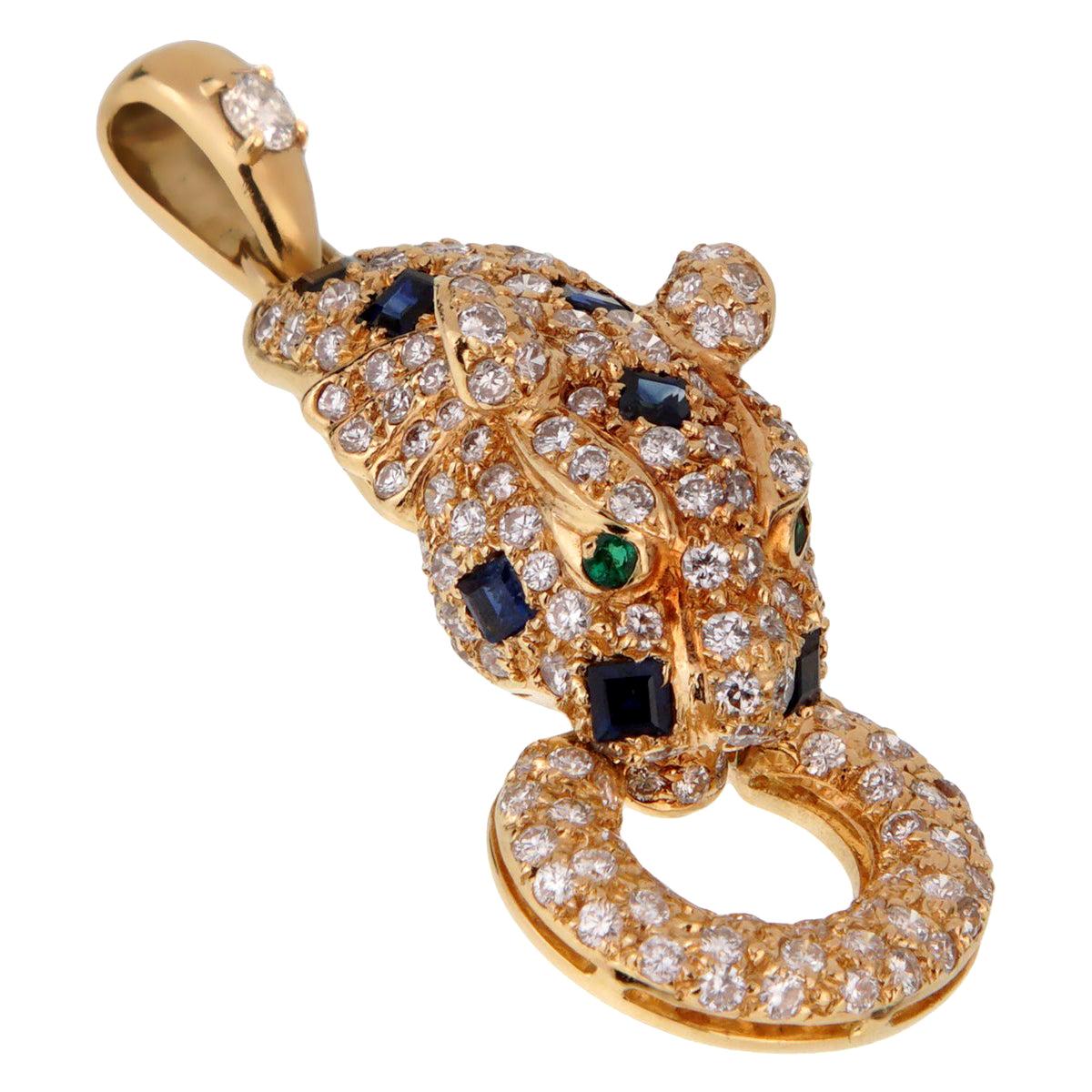 Adler Panther Diamond Sapphire Gold Pendant Necklace For Sale