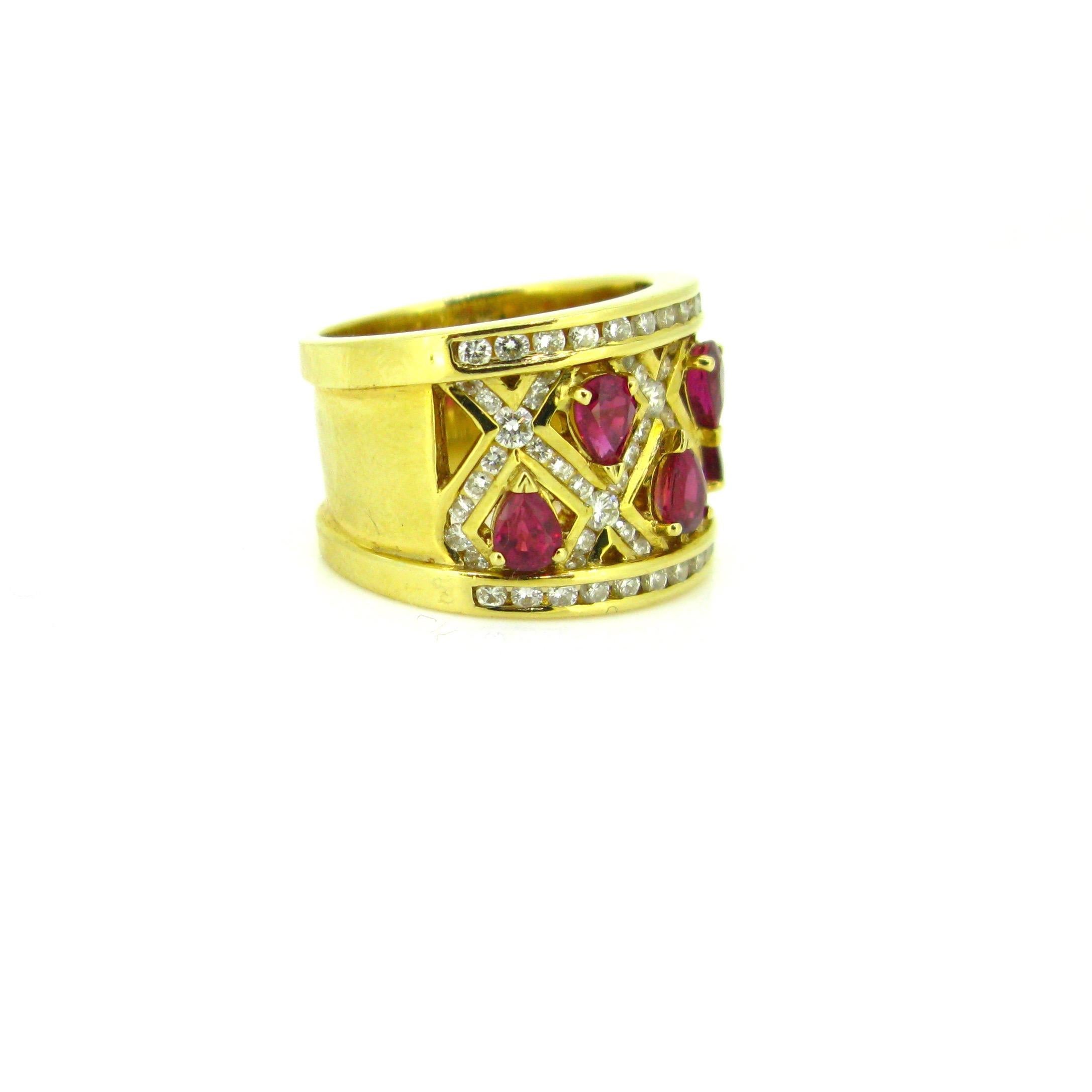 Adler Pear Cut Ruby Diamonds Yellow Gold Cross Cocktail Band Ring In Good Condition In London, GB