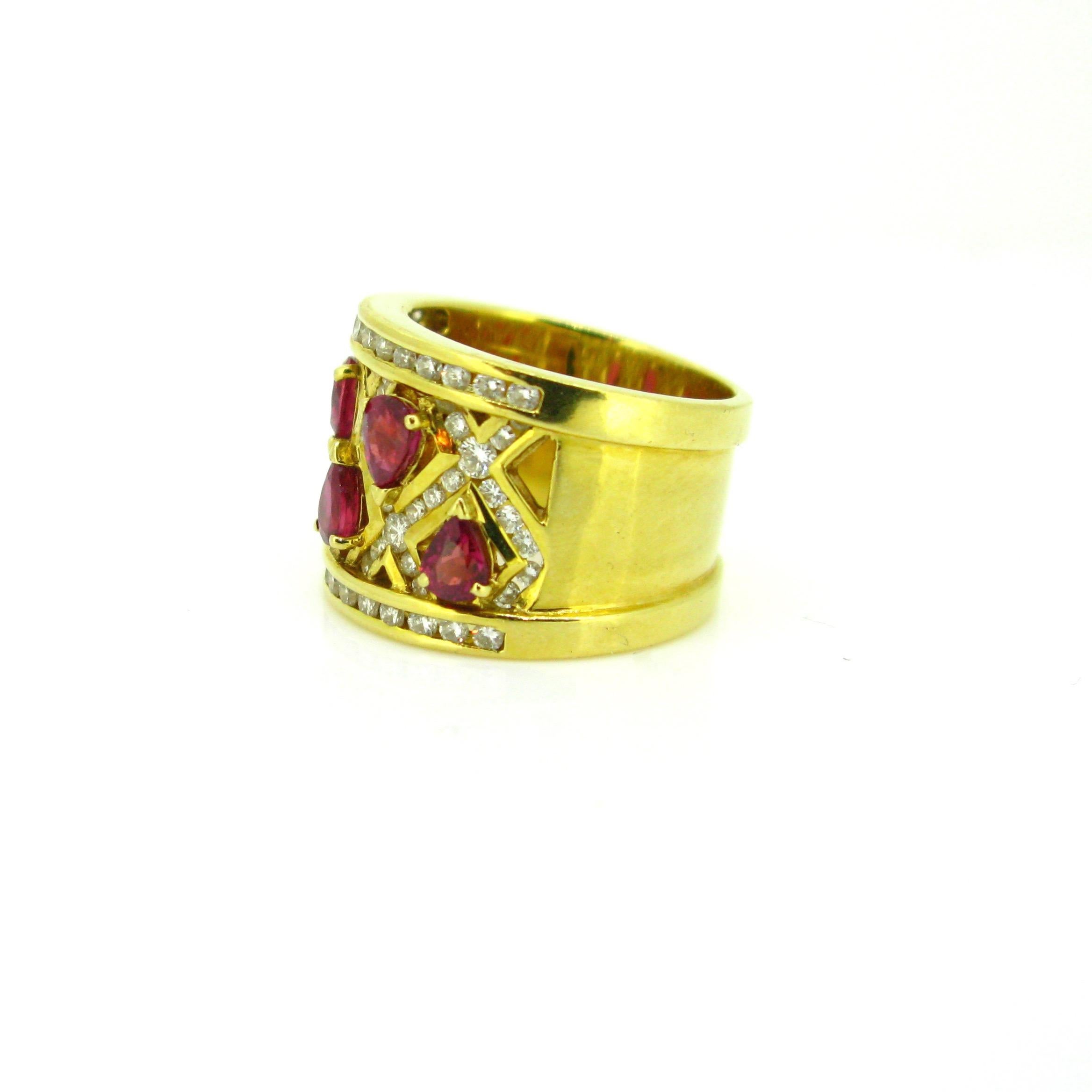 Adler Pear Cut Ruby Diamonds Yellow Gold Cross Cocktail Band Ring 1