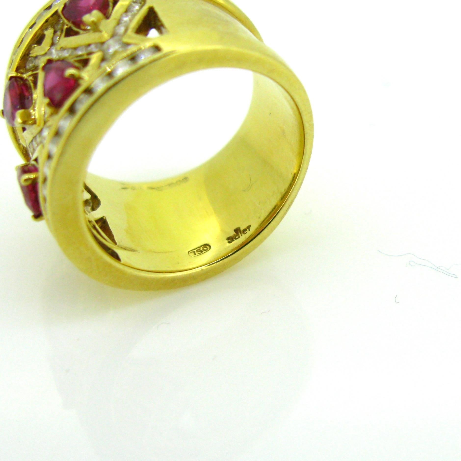 Adler Pear Cut Ruby Diamonds Yellow Gold Cross Cocktail Band Ring 2