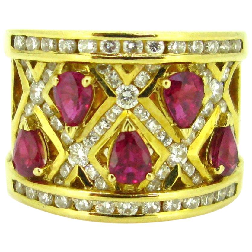 Adler Pear Cut Ruby Diamonds Yellow Gold Cross Cocktail Band Ring
