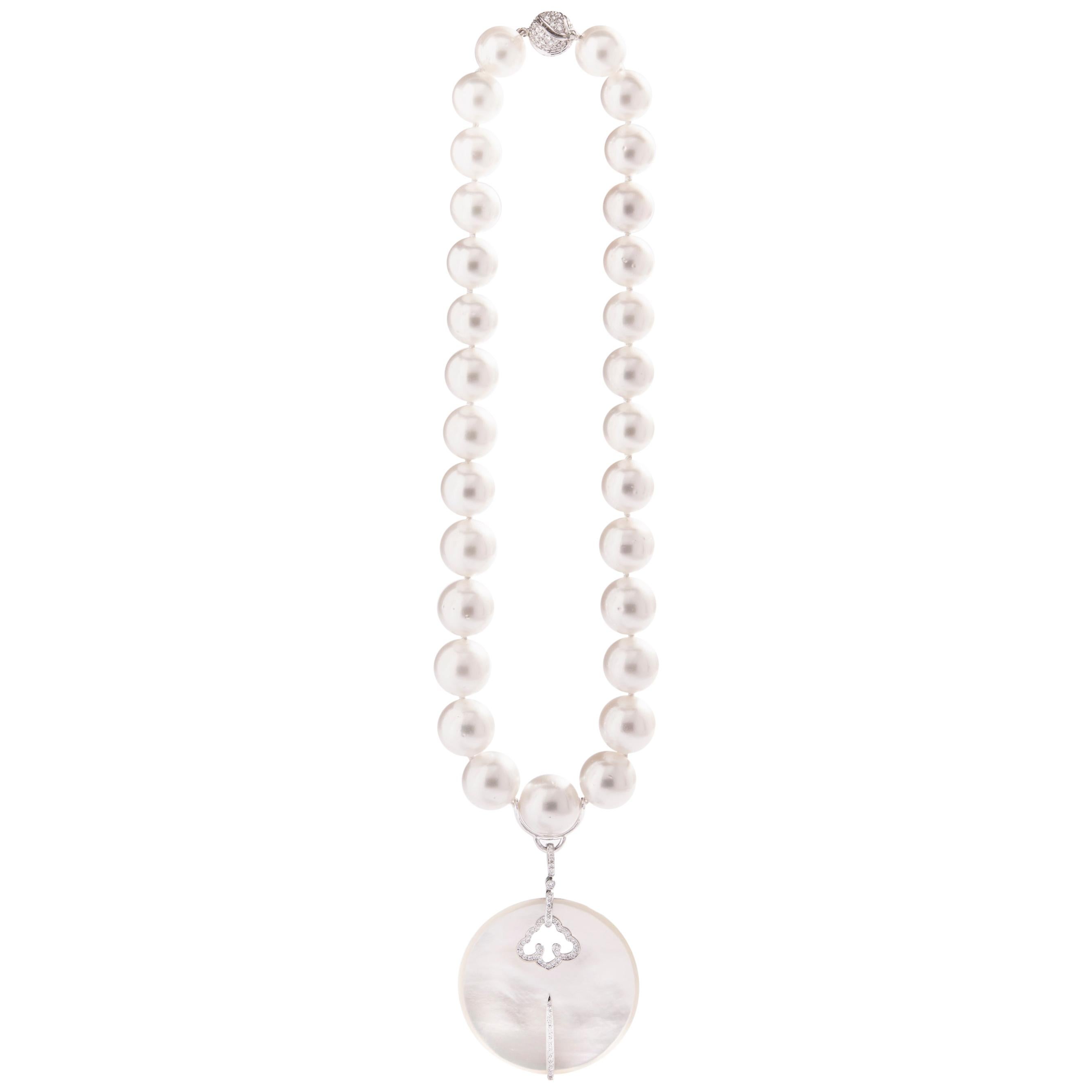 Adler Pendant Diamond Mother of Pearl White Pearl Diamond Clasp Necklace