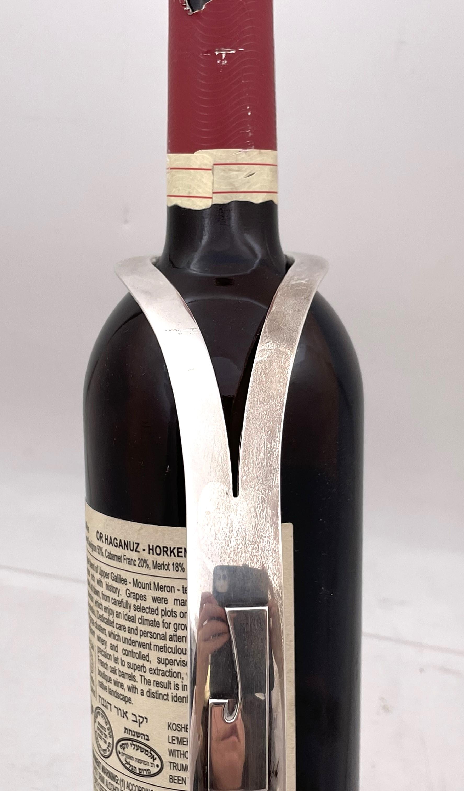 Adler Sterling Silver Hammered Wine Bottle Holder Novelty Bar Mid-Century Modern In Good Condition For Sale In New York, NY