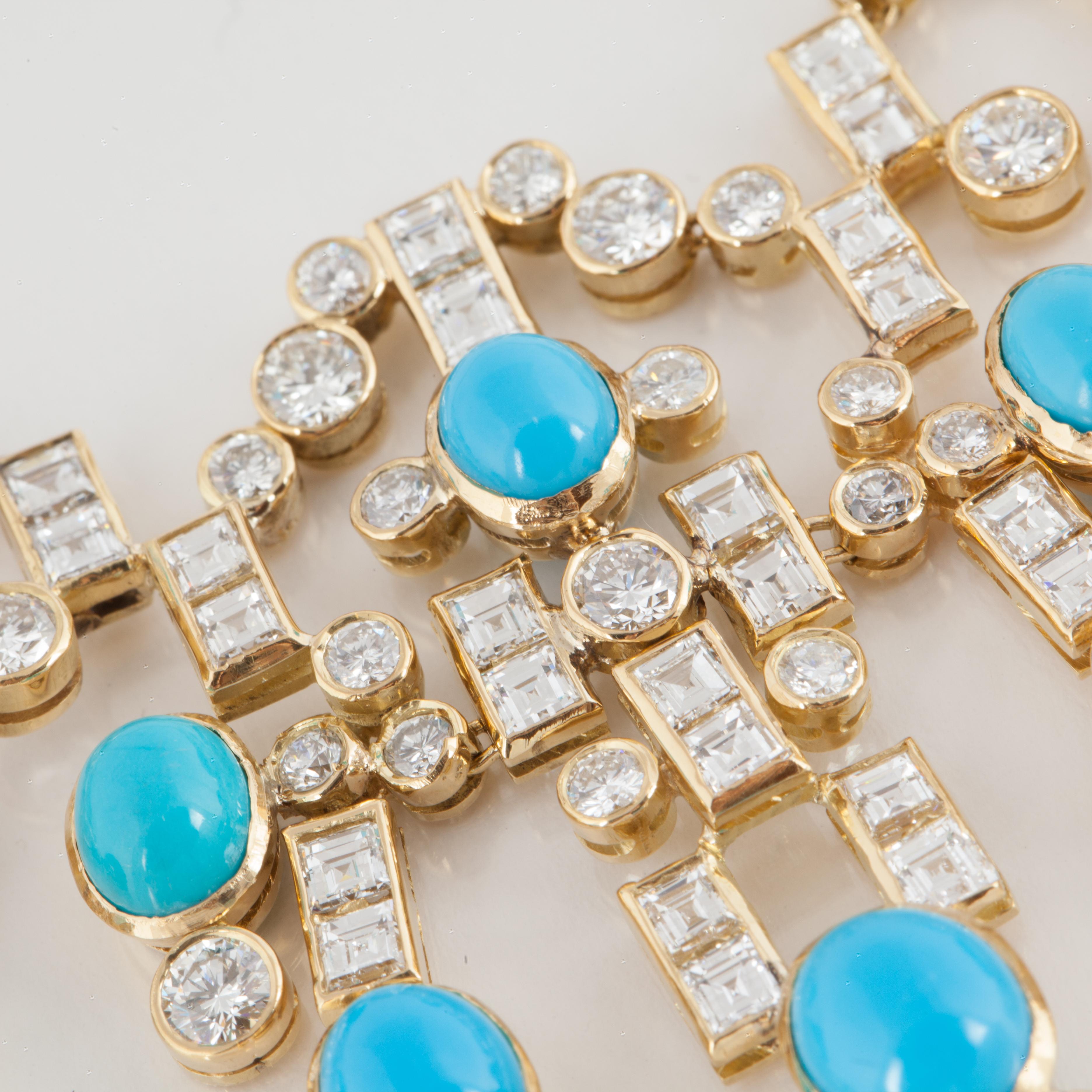 Adler necklace composed of 18K yellow gold, turquoise and diamonds.  The square and round diamonds total 22 carats, G-H color and VS-SI clarity.