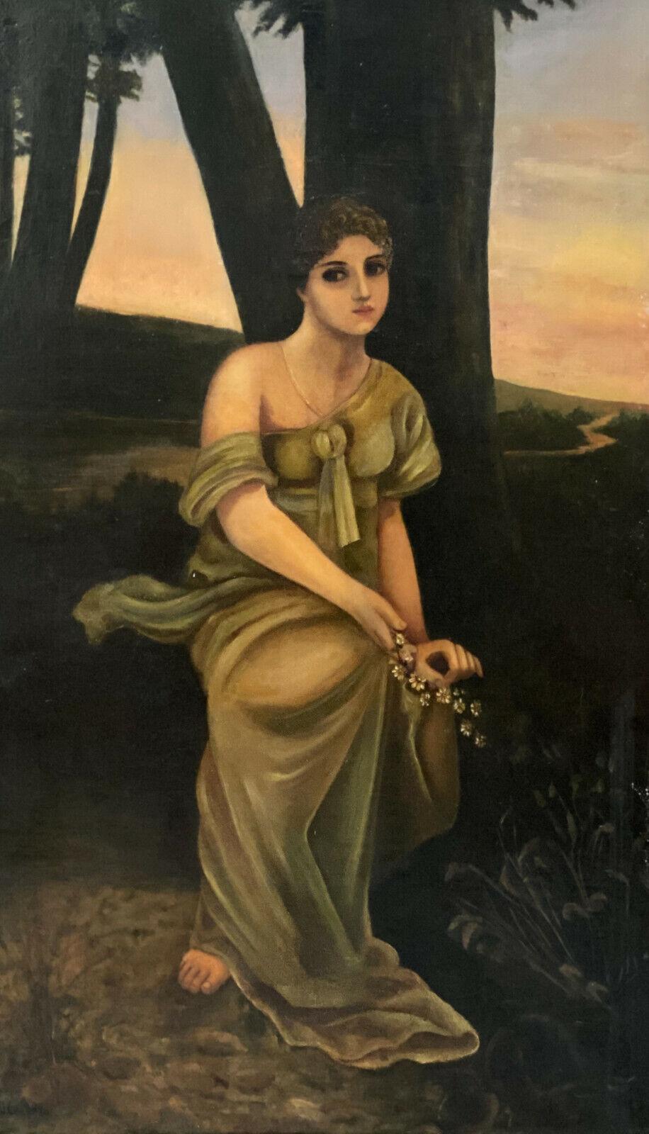 Peinture à l'huile sur toile d'une beauté assise par ADM Cooper

Le portrait représente une beauté assise, vêtue d'une robe verte décolletée et tenant des fleurs blanches dans une forêt. Signature de l'artiste en bas à gauche. Cadre en bois sculpté