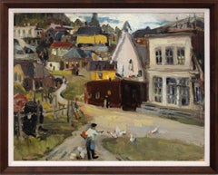 Colorado Mountain Town, Original Oil on Board Painting With Figures, Buildings