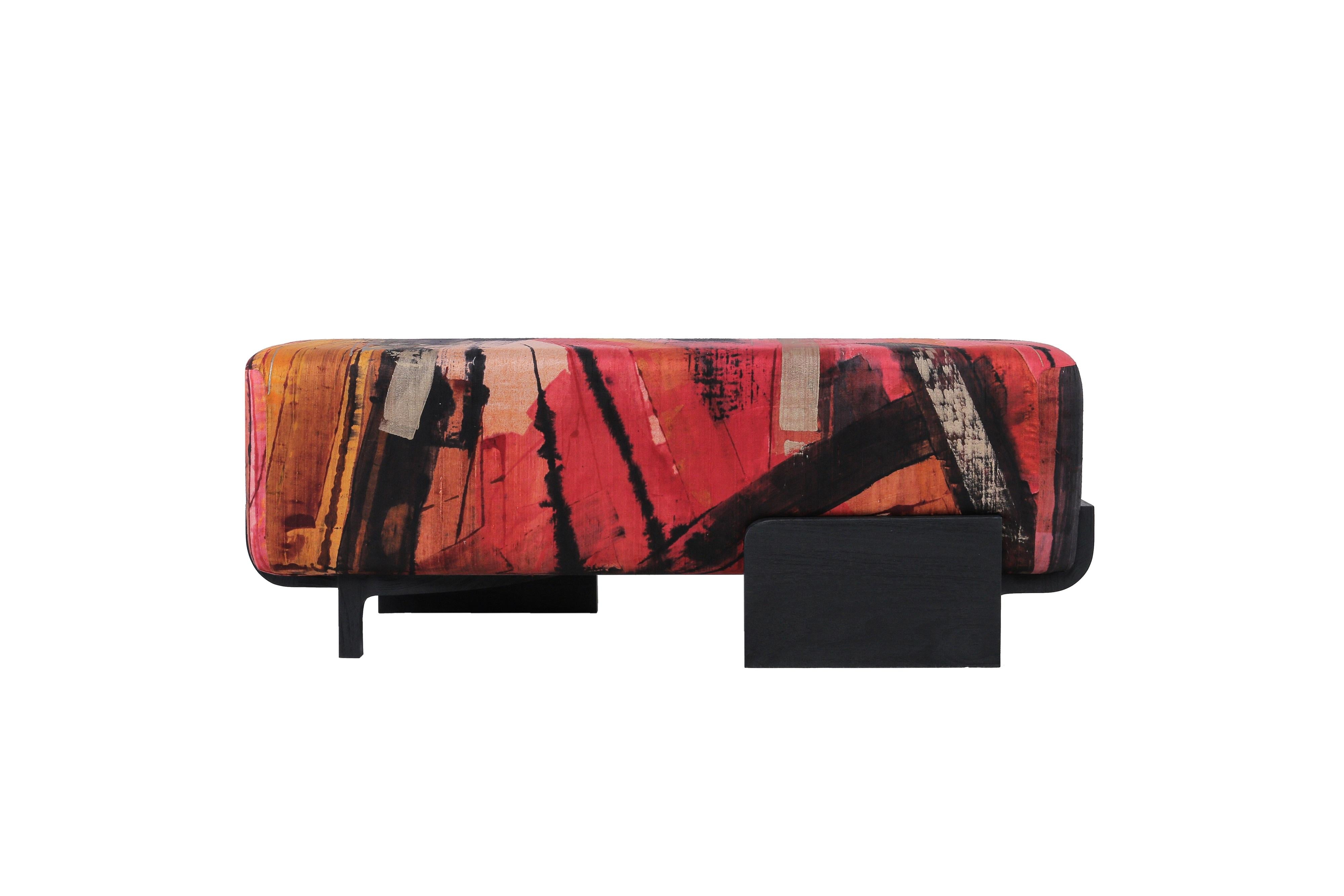 Admani bench by Novocastrian
Dimensions: D 126 x W 45 x H 42 cm
Materials: Solid black javanese teak, Hand loom Silk 
Weight: 60 kg

The vision behind our collaboration with Helena Bajaj Larsen is one of merging and honouring aesthetic and