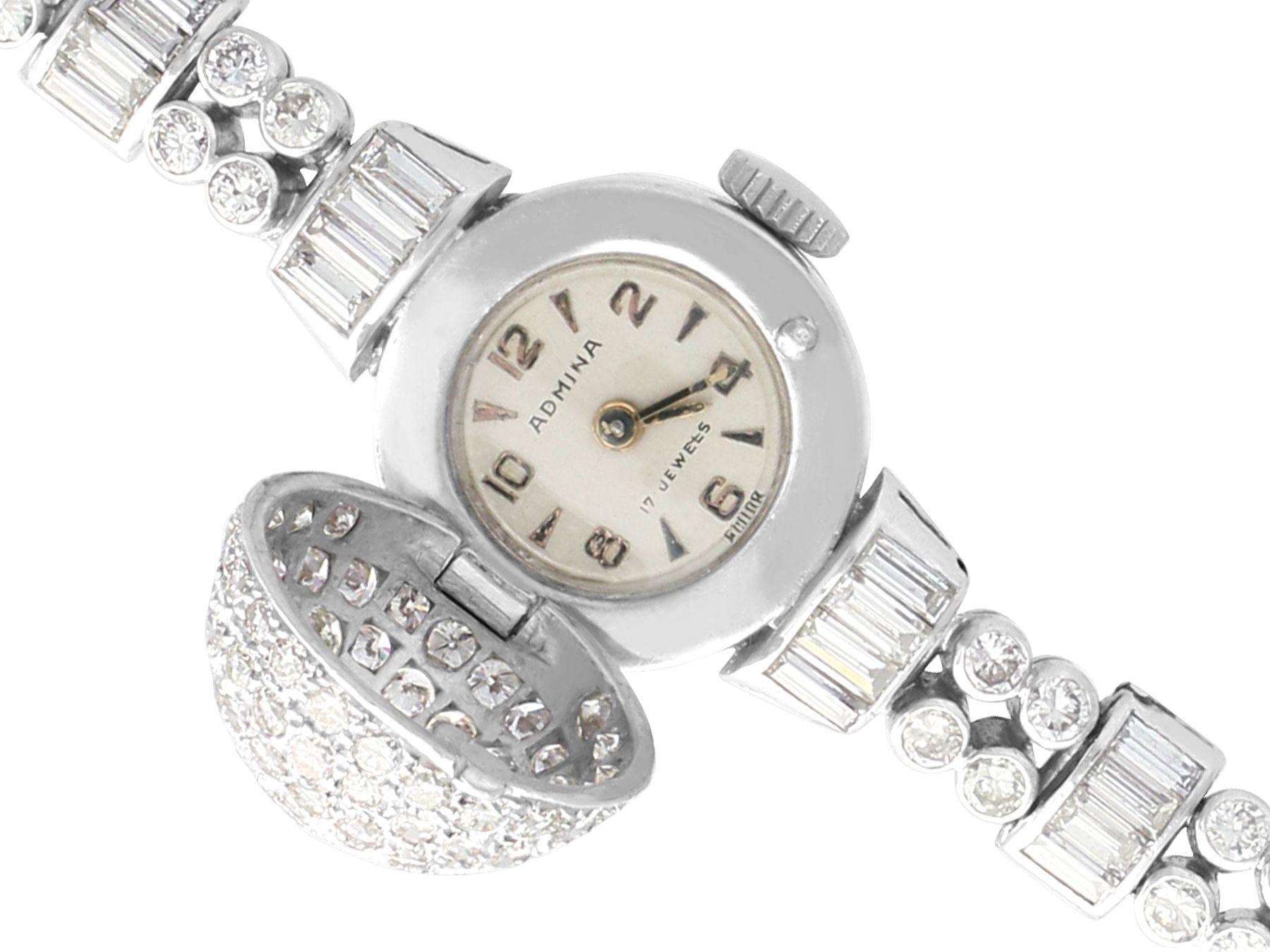 Art Deco Admina Ladies Platinum and 4.82 Carat Diamond Manual Wind Wristwatch, circa 1940