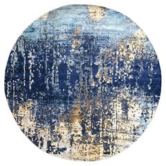 Tappeto rotondo in lana e seta Admiral Blue annodato a mano con disegno a mosaico e nodo persiano