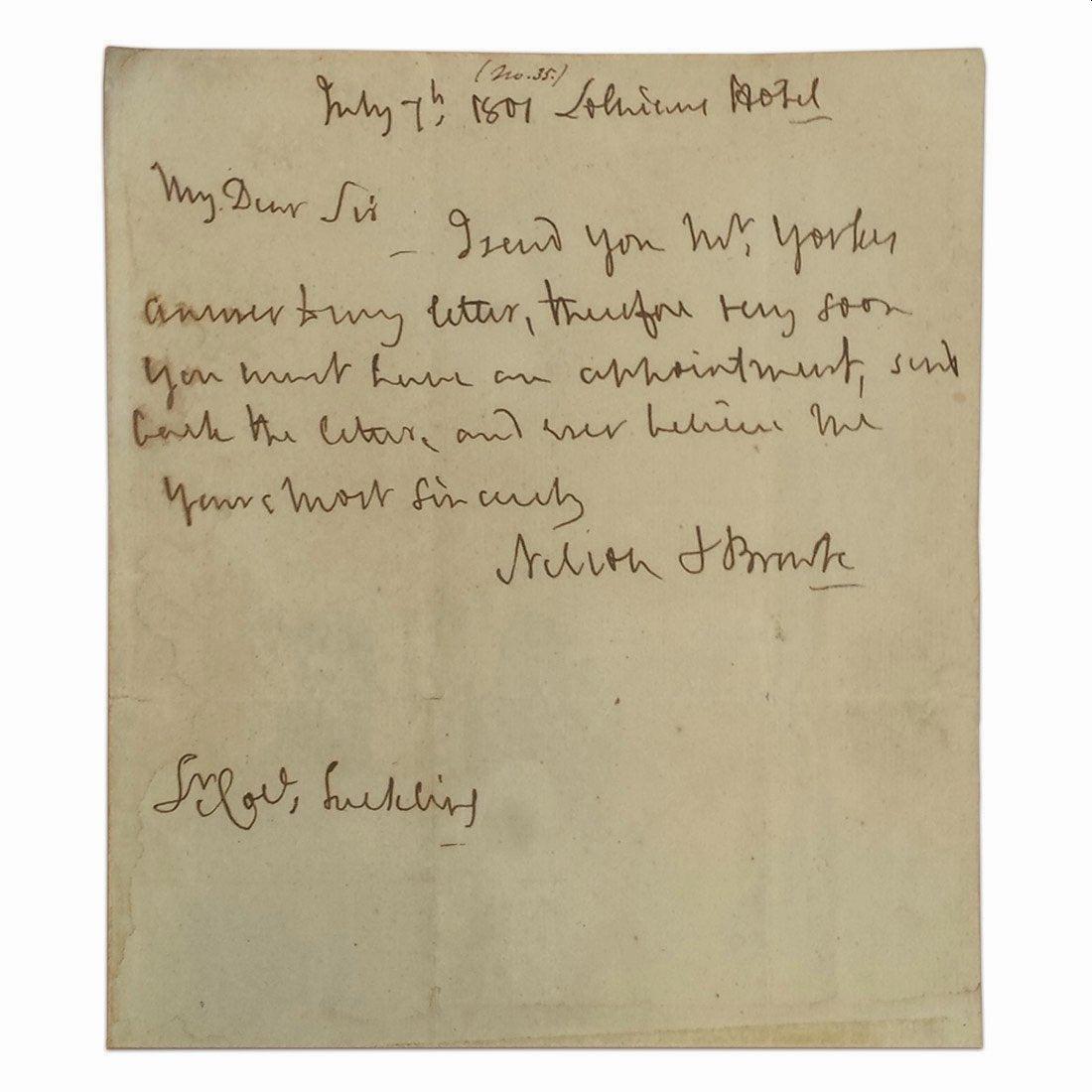 Note manuscrite de l'amiral Horatio Lord Nelson, datée du 7 juillet 1801.

L'amiral Lord Horatio Nelson (1758-1805) était un officier de marine britannique célèbre pour ses victoires contre les Français pendant les guerres