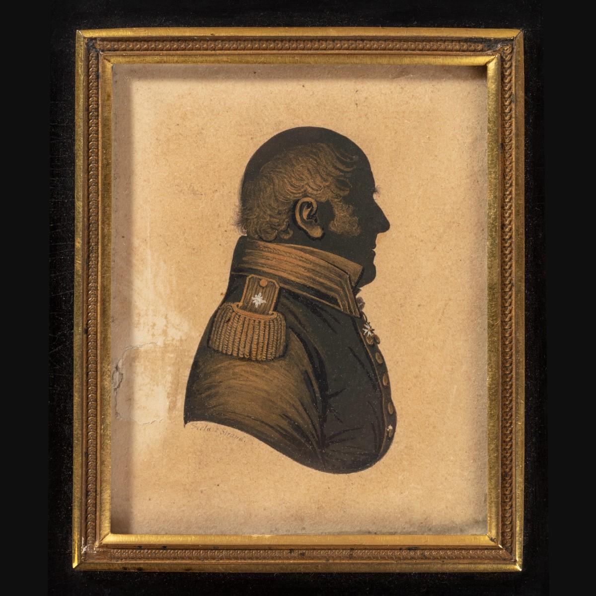 This silhouette shows Admiral Sir Thomas Hardy in dress uniform and facing to the left. The reverse is inscribed incursive handwriting ‘Ad. Sir T Hardy K.C.B. Gov. G H. J Field Profilist to their Majesties, 2 Strand, London.’

English, circa
