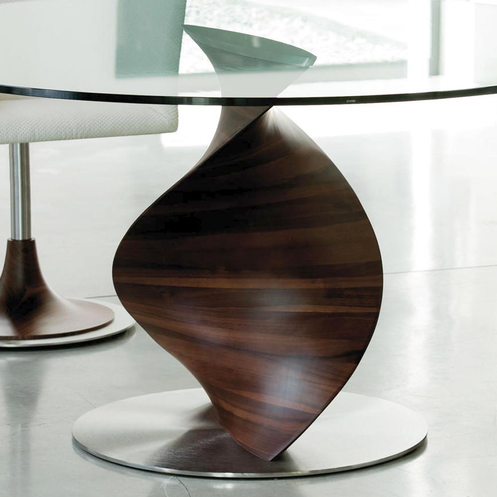 Glass ADN Round Table with Solid Walnut Base or Lacquered Base For Sale