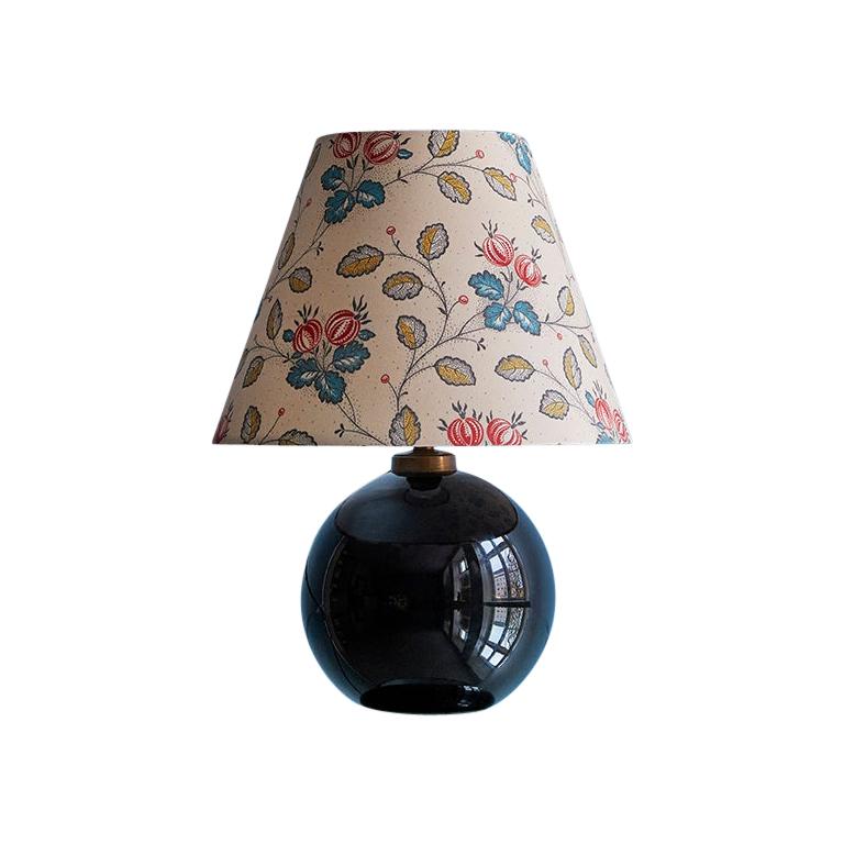 Adnet Art Deco Black Opaline Ball Table Lamp with Customised Lampshade, 1930s