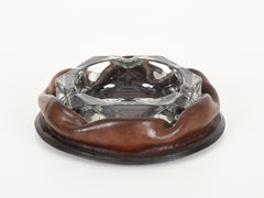 Adnet Brown Curved Leather and Crystal Glass Ashtray, Italy 1950s