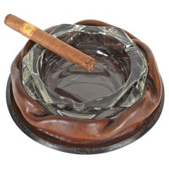 Adnet Brown Curved Leather and Crystal Glass Ashtray, Italy 1950s
