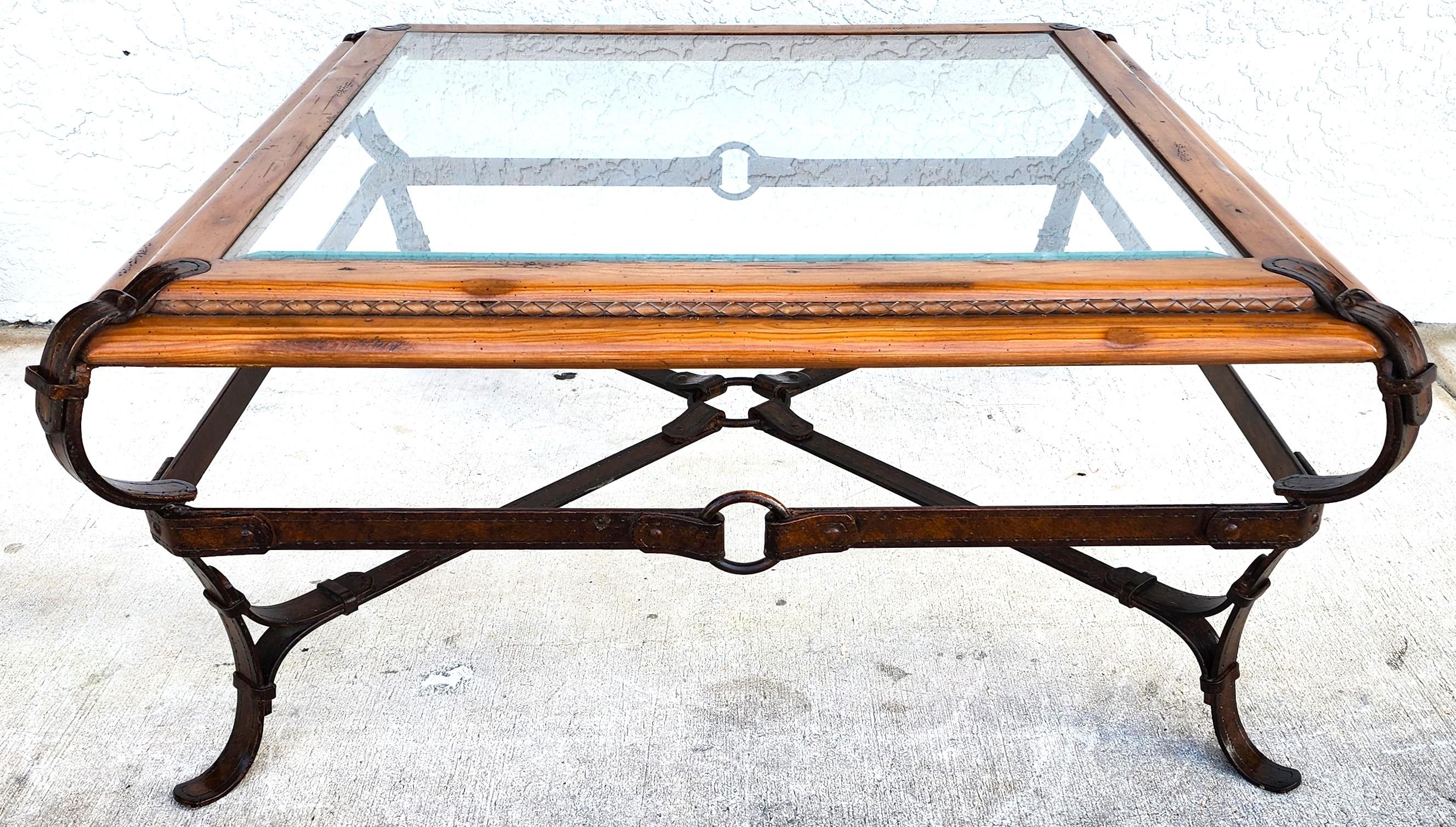 For FULL item description click on CONTINUE READING at the bottom of this page.

Offering One Of Our Recent Palm Beach Estate Fine Furniture Acquisitions Of A
Vintage Jacques Adnet Hermes Style Equestrian Ranch Rustic Coffee Table
Featuring a