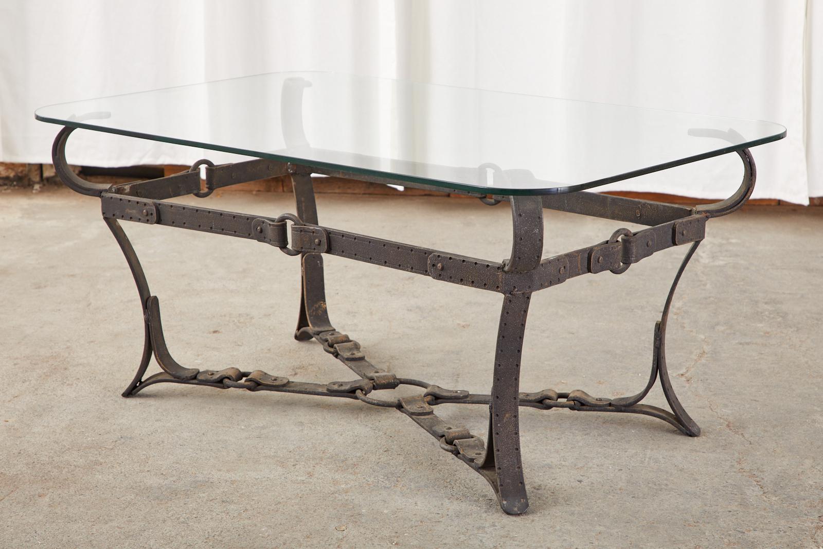 Hand-Crafted Adnet Hermes Style Faux Leather Equestrian Cocktail Table