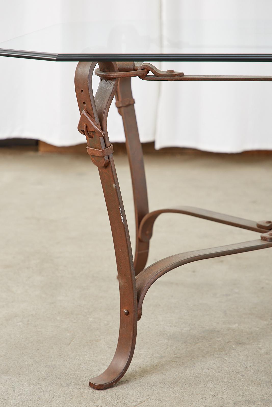 Adnet Hermes Style Faux Leather Iron Strap Cocktail Table In Good Condition For Sale In Rio Vista, CA