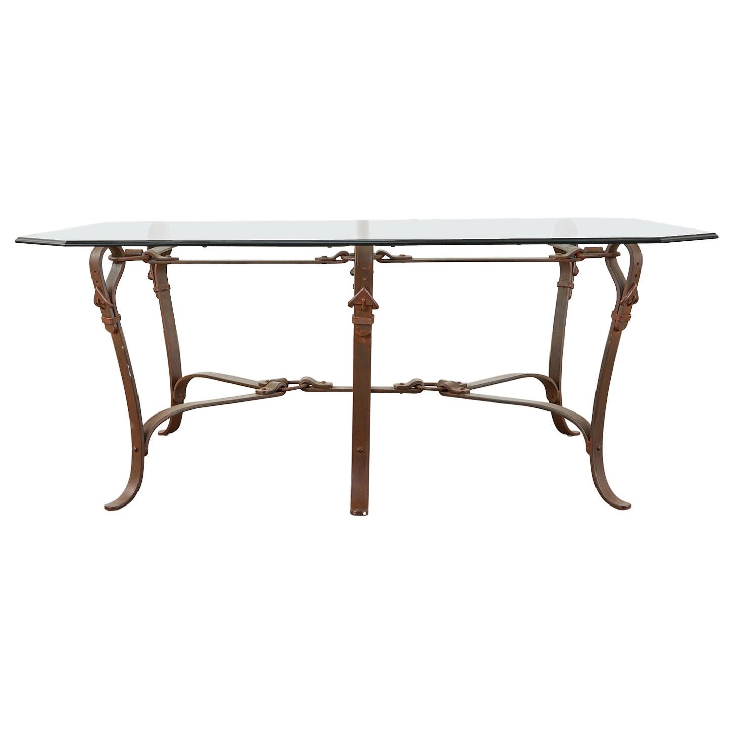 Adnet Hermes Style Faux Leather Iron Strap Cocktail Table For Sale