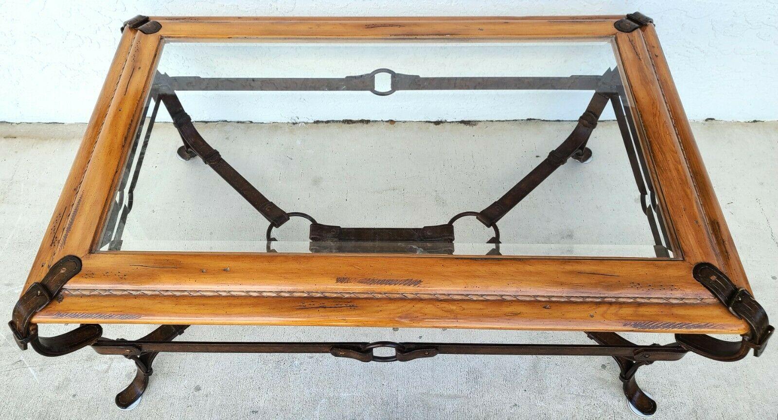 Adnet Hermes Style Faux Leather Iron Strap Equestrian Cocktail Table In Good Condition In Lake Worth, FL