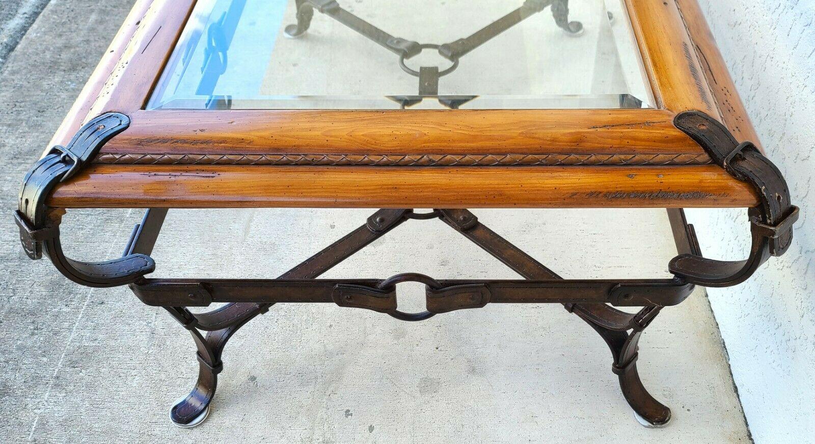 Glass Adnet Hermes Style Faux Leather Iron Strap Equestrian Cocktail Table