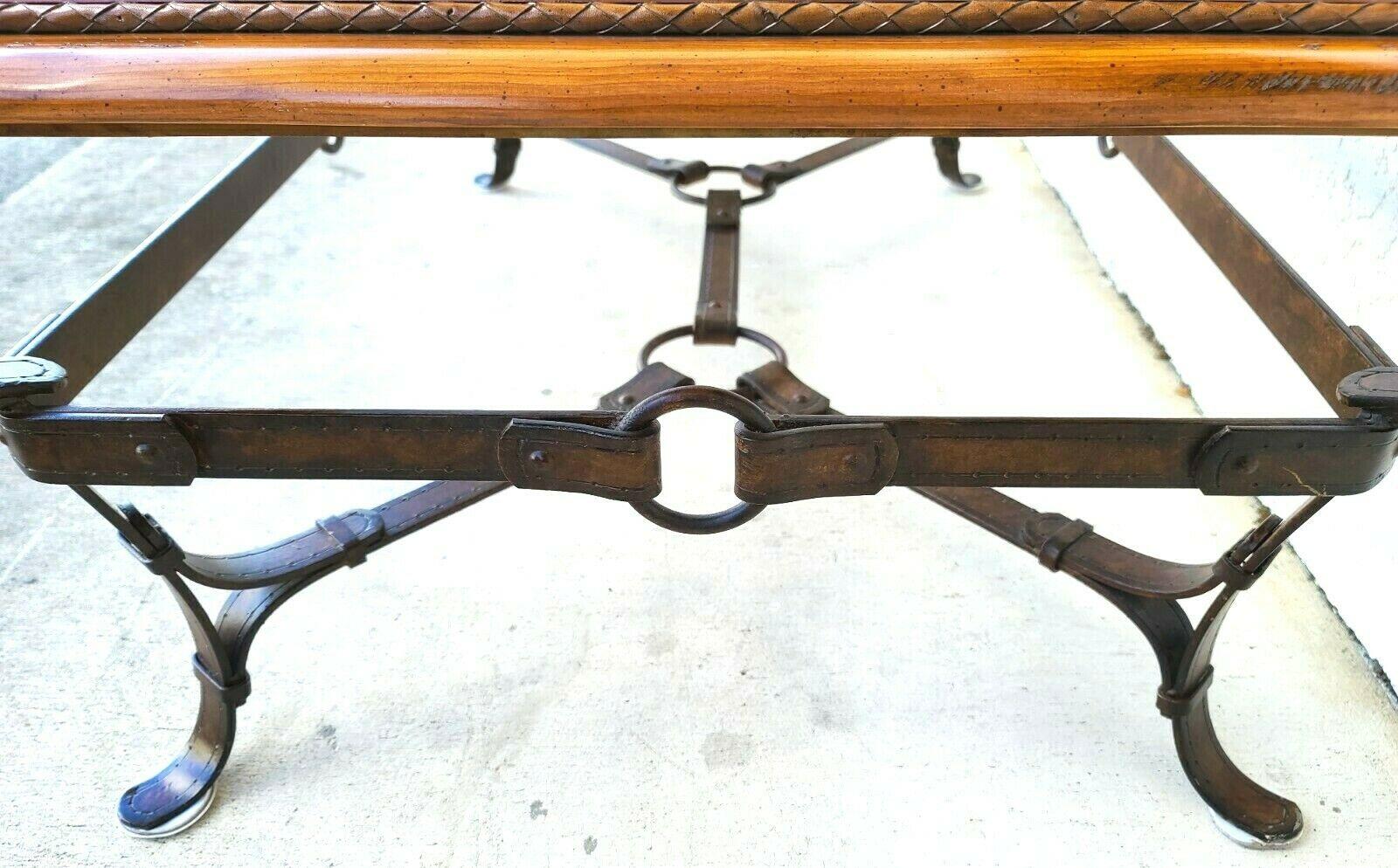 Adnet Hermes Style Faux Leather Iron Strap Equestrian Cocktail Table 1