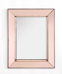 Adnet Inspired Wood Framed Pink Tone Architectured Wall Mirror - France 1940's