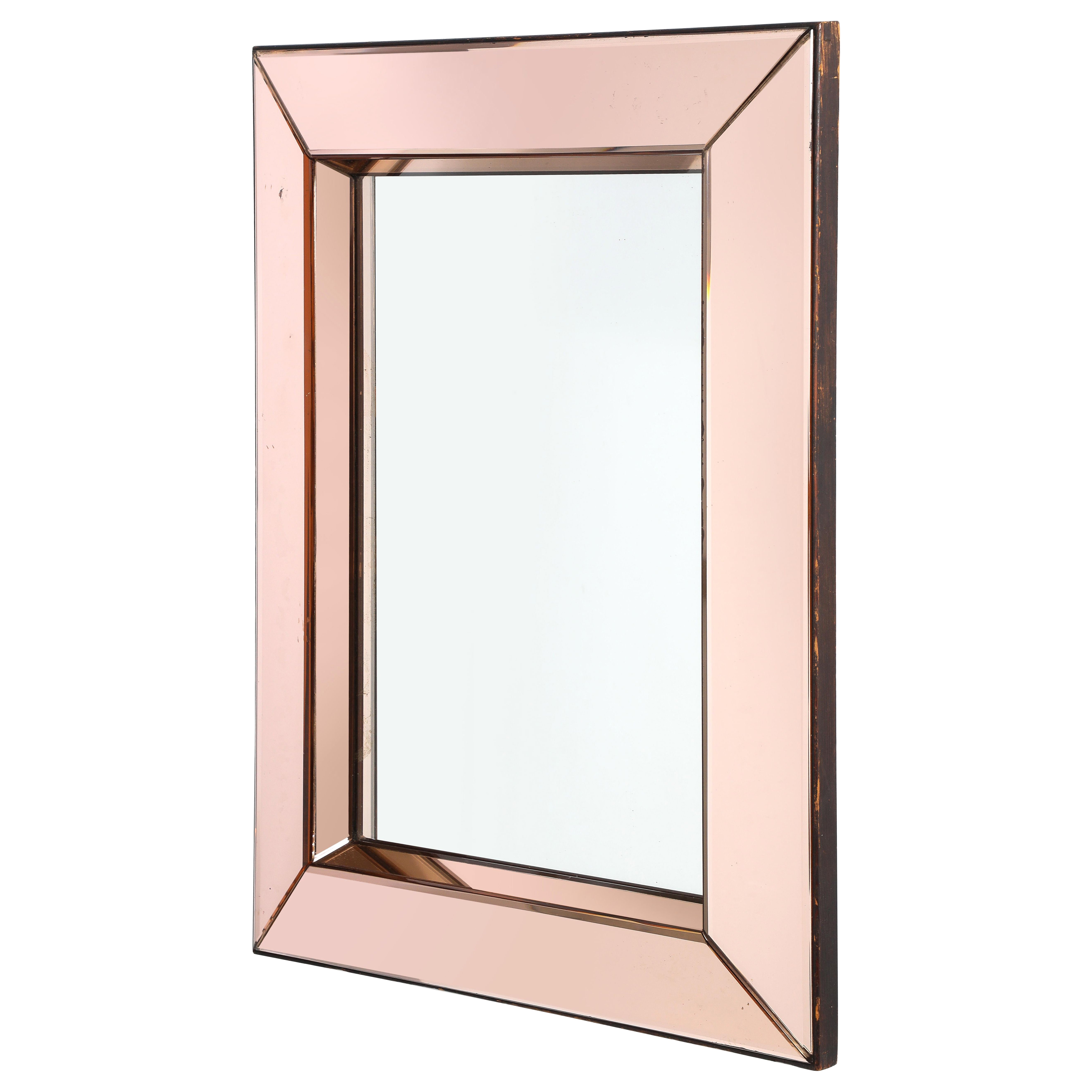 Adnet Inspired Wood Framed Pink Tone Architectured Wall Mirror - France 1940's
